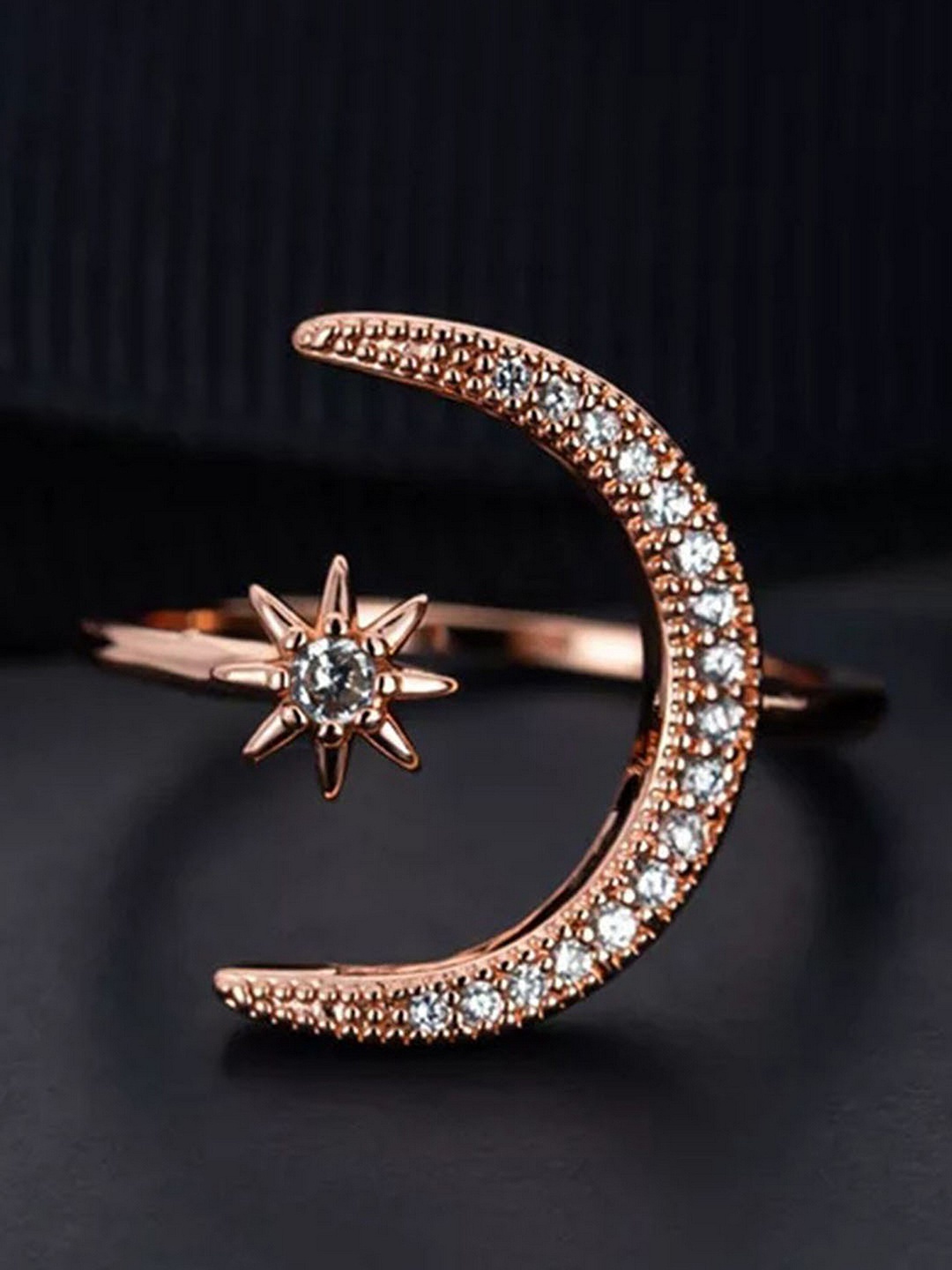 

UNIVERSITY TRENDZ Rose Gold-Toned Rhodium-Plated Stone-Studded Half Moon Design Ring
