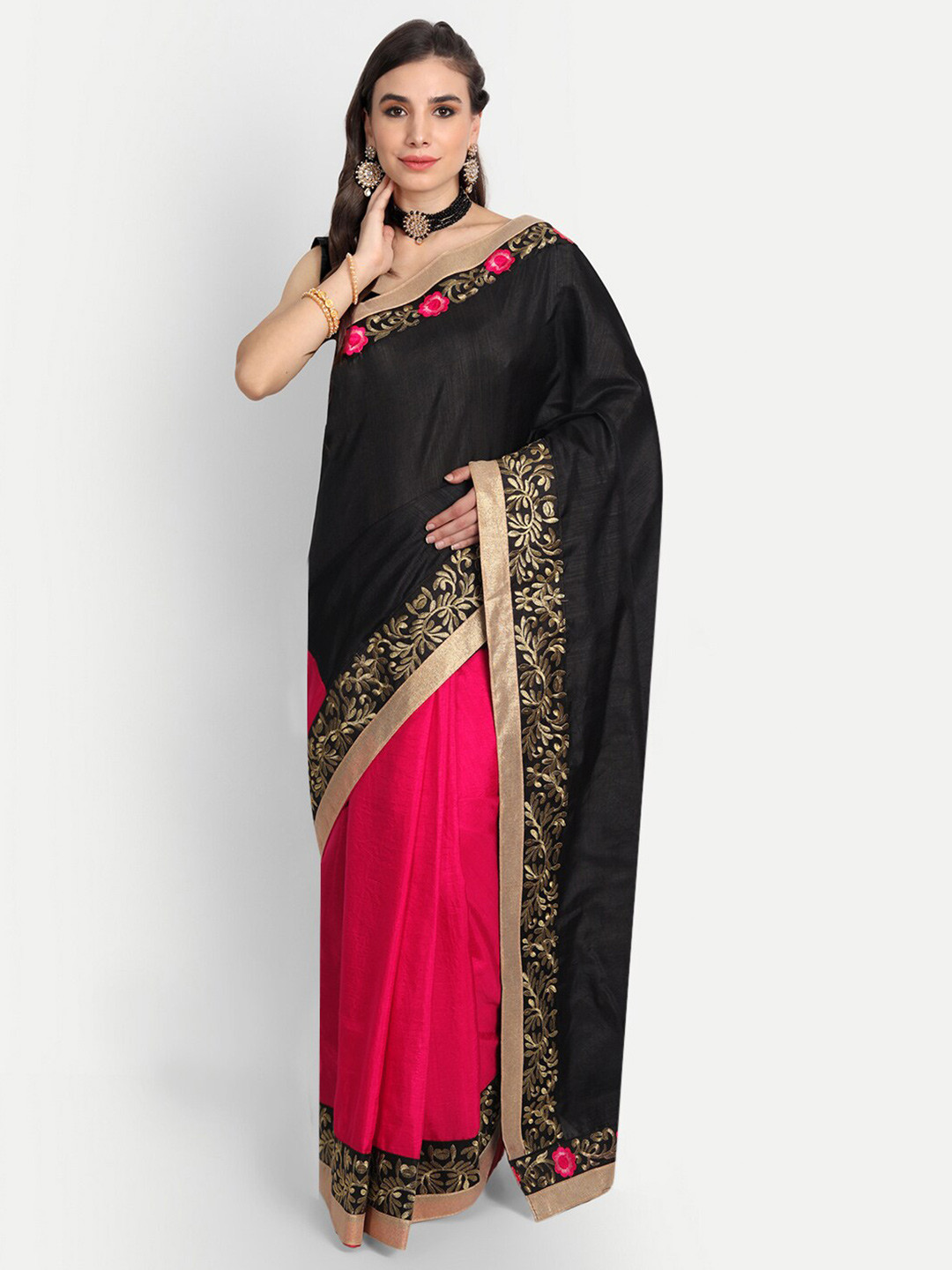 

Kuki Black & Pink Floral Embroidered Silk Cotton Saree