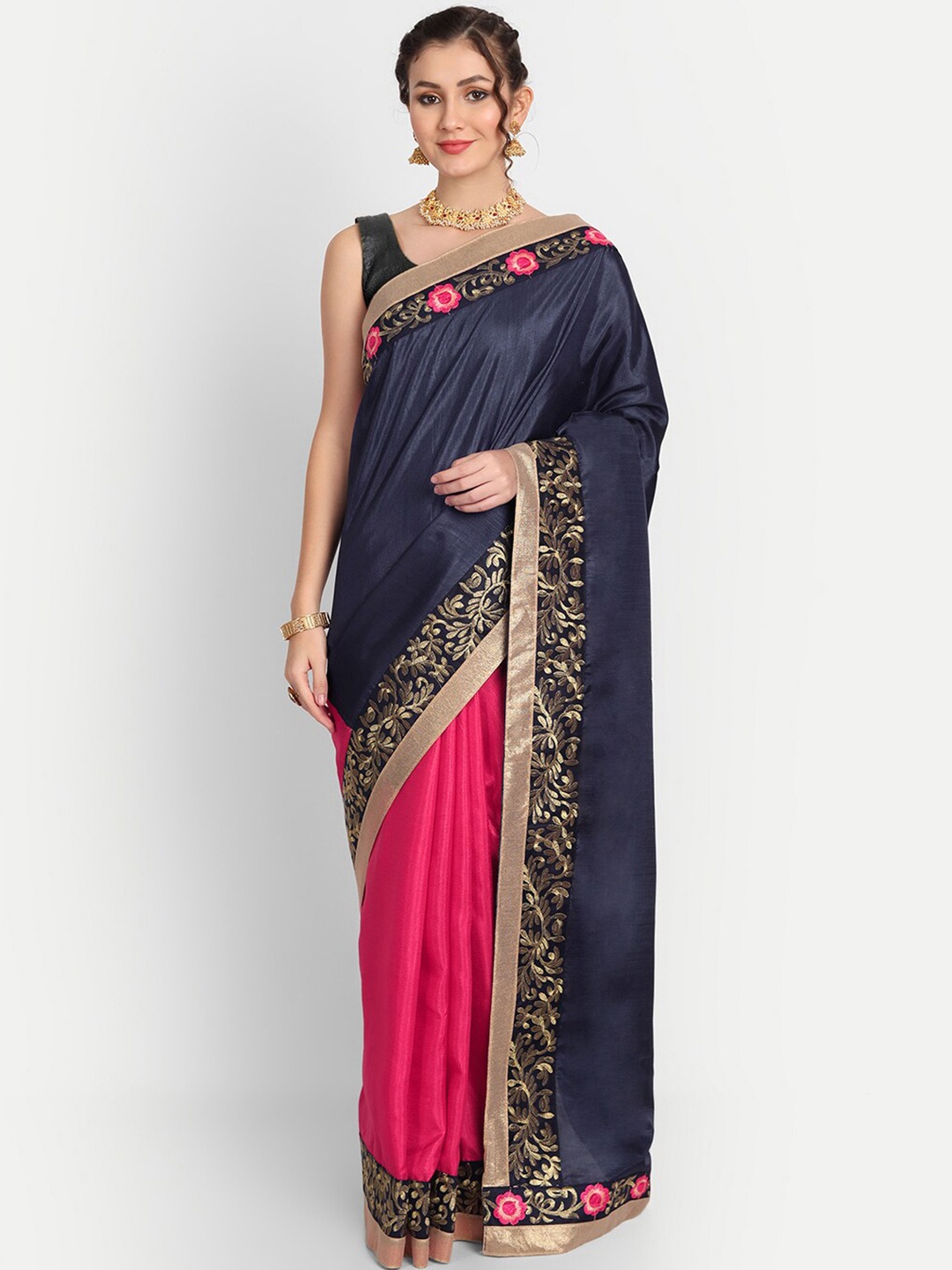 

Kuki Blue & Pink Floral Embroidered Silk Cotton Saree