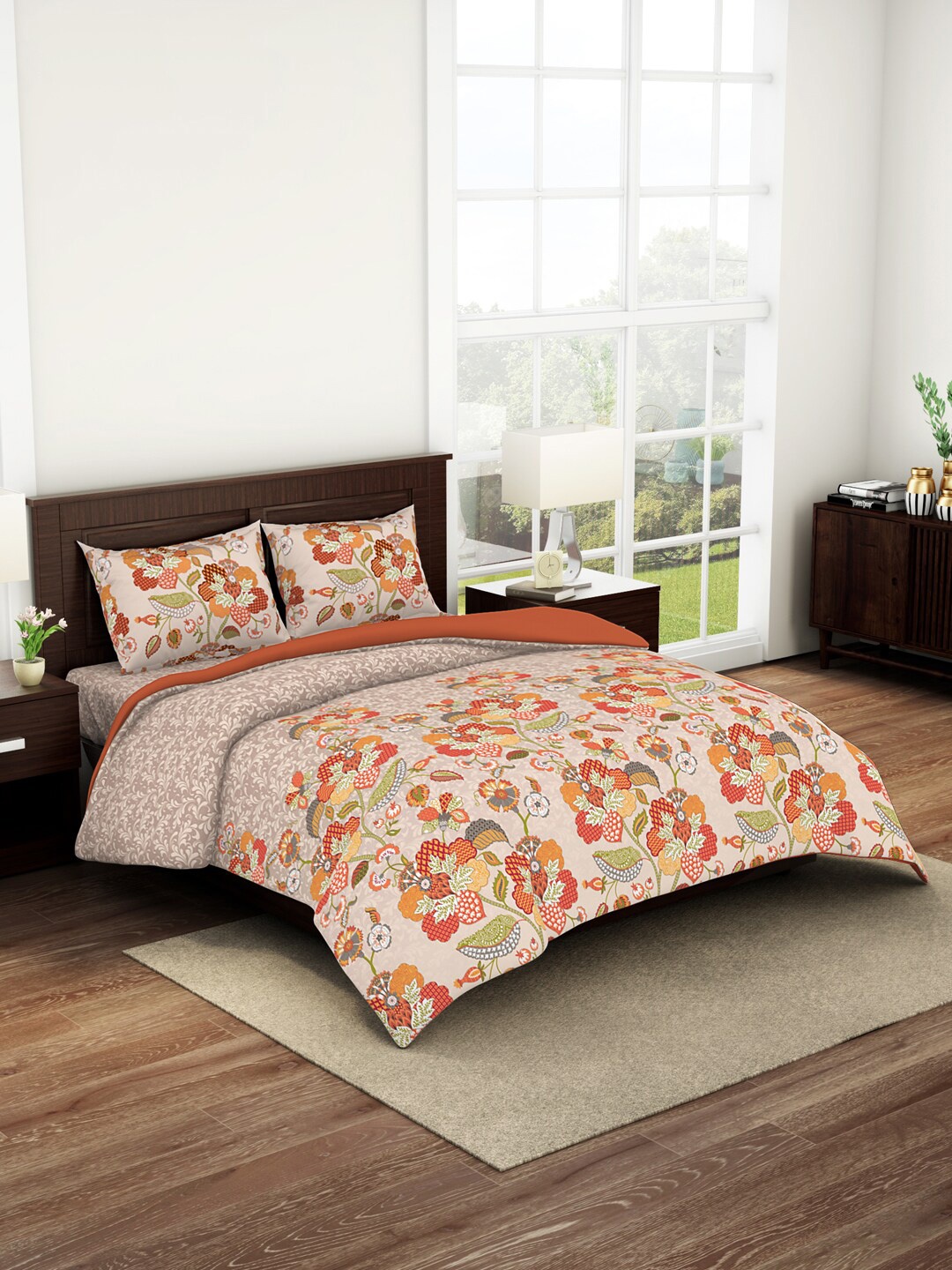 

SPACES Beige & Orange Floral Printed Cotton Bedding Set