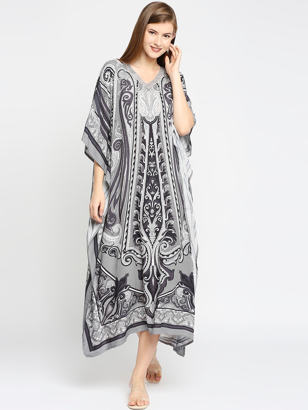 

Cloth Haus India Women Grey Printed Flared Sleeves Long Kaftan