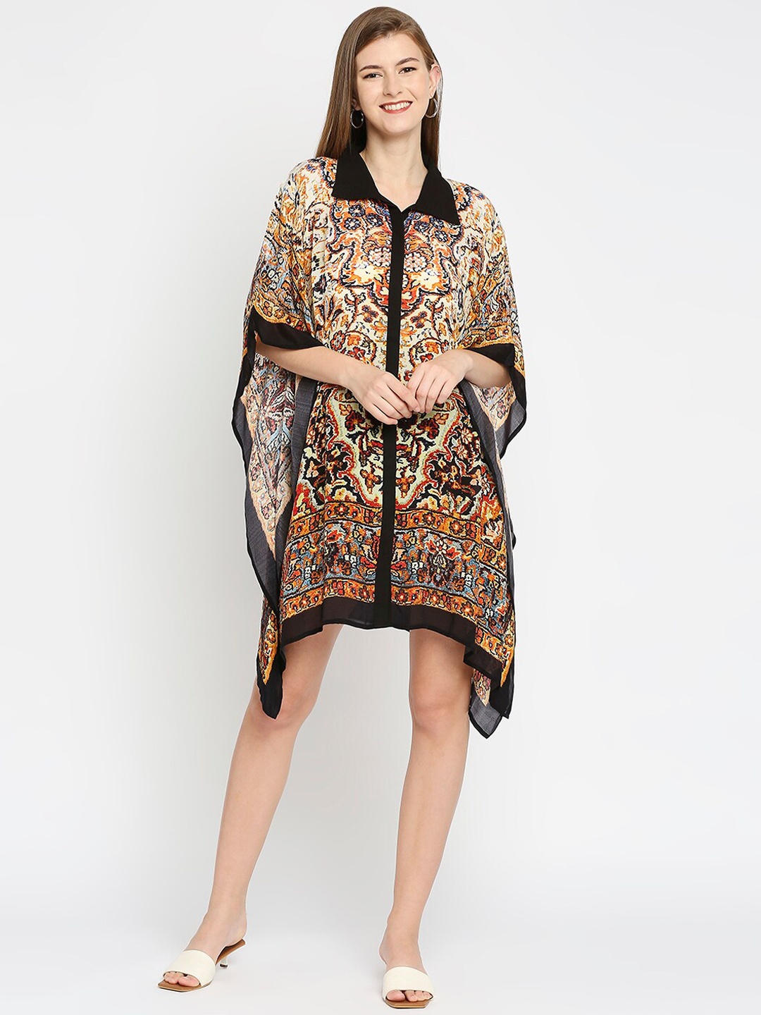 

Cloth Haus India Women Beige & Black Ethnic Motifs Printed Short Kaftan Shirt