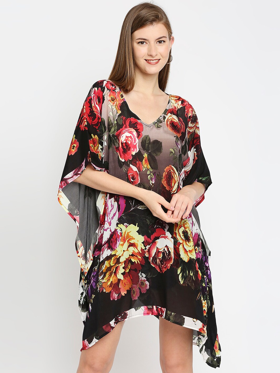 

Cloth Haus India Women Black & Red Floral Printed Flared Sleeves Short Kaftan