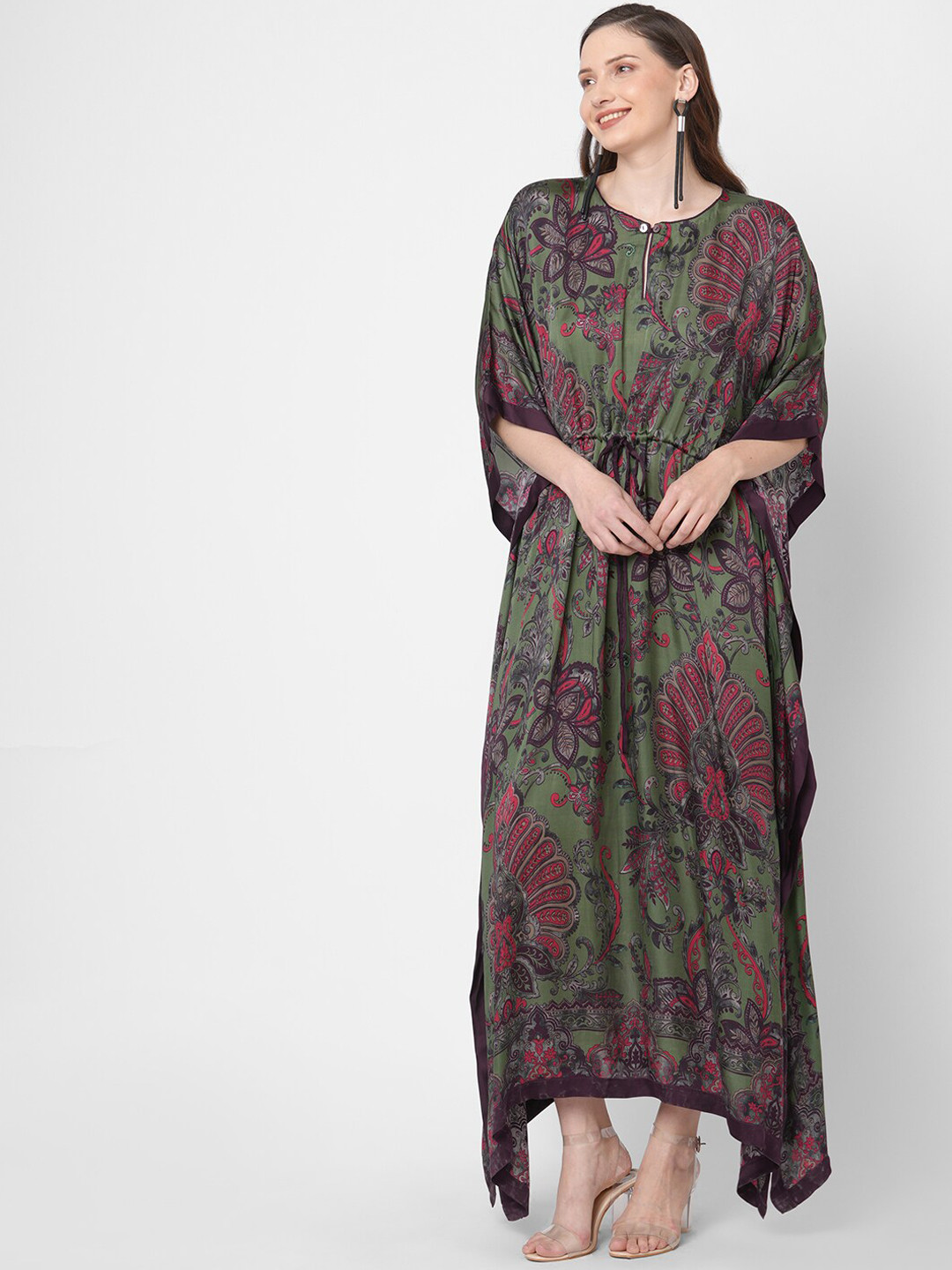 

Cloth Haus India Women Green Floral Printed Extended Sleeves Long Kaftan