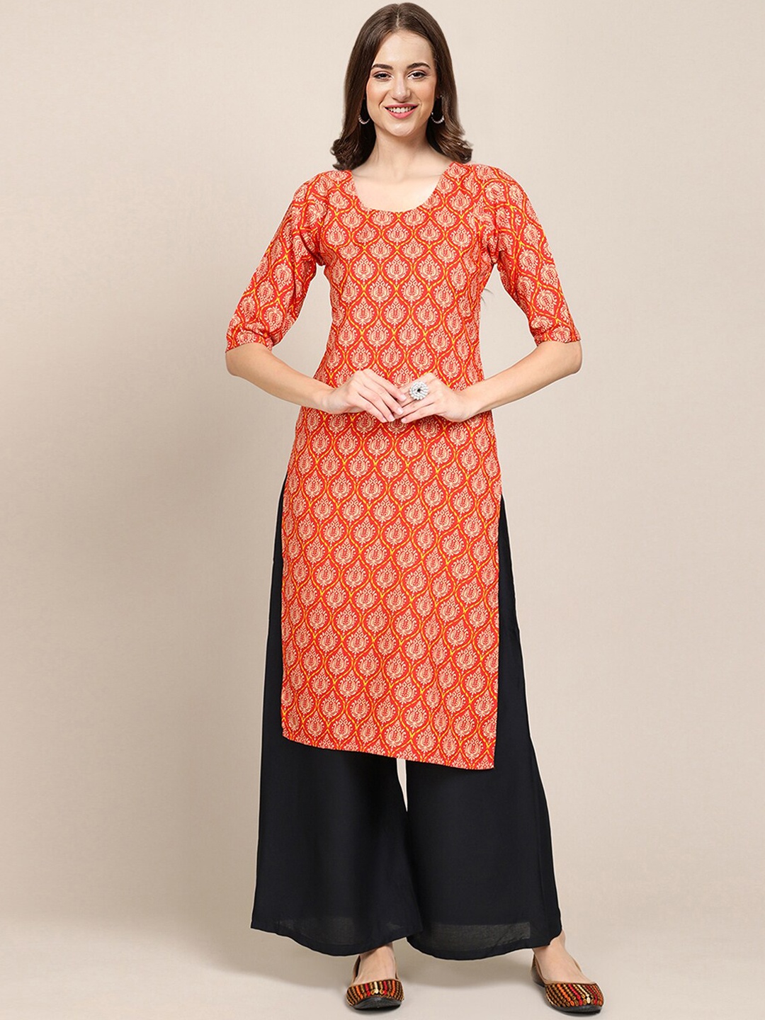 

7Threads PACK OF 6 Women Ethnic Motifs Printed Block Print Crepe Kurta, Orange