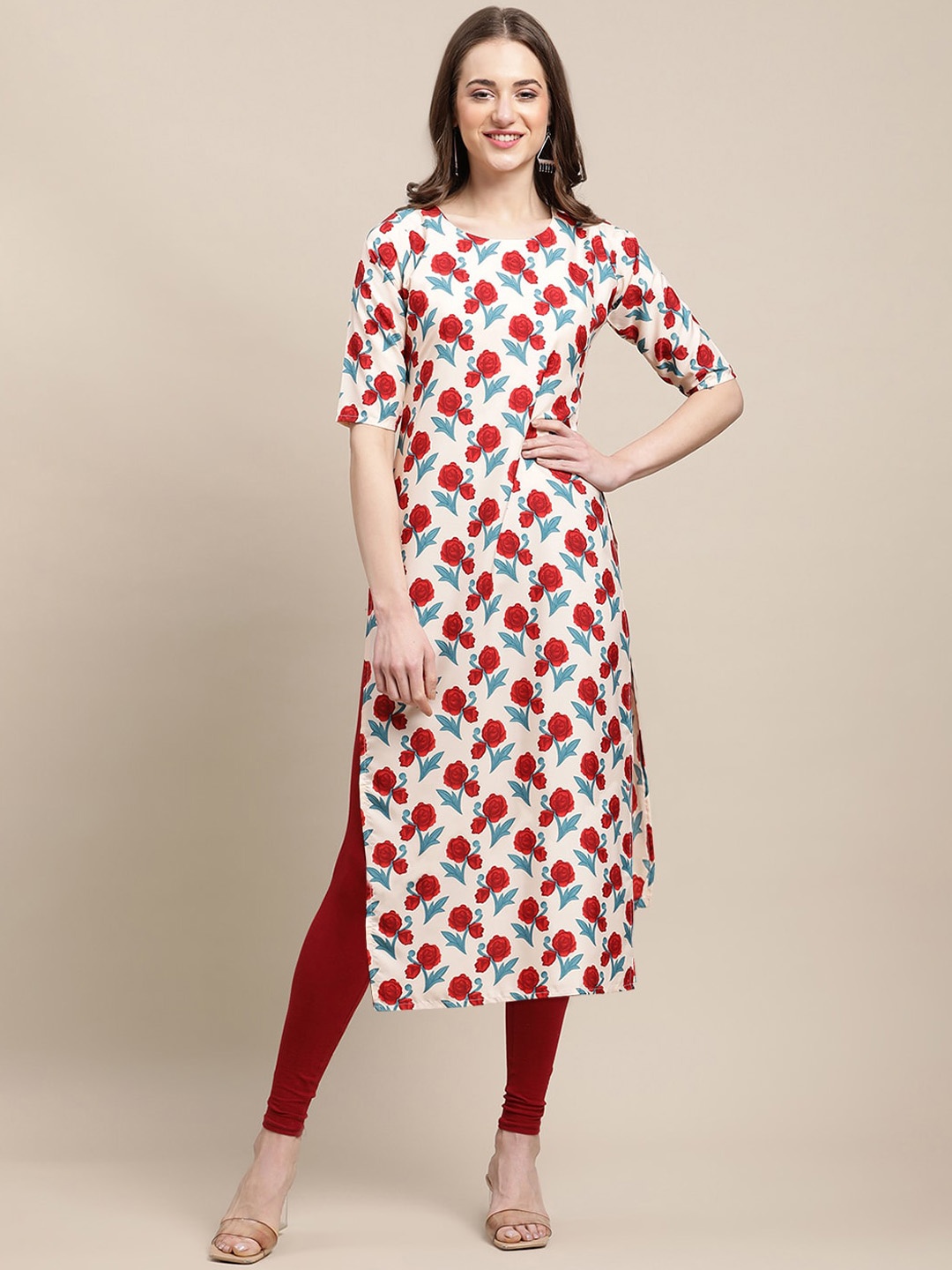 

7Threads PACK OF 6 Women Ethnic Motifs Printed Block Print Crepe Kurta, White