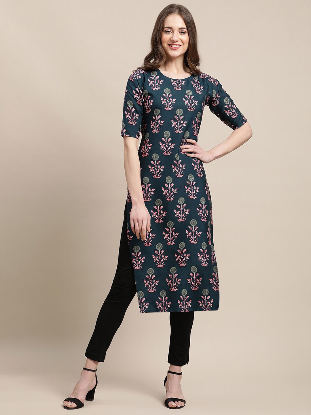 

7Threads PACK OF 6 Women Ethnic Motifs Printed Block Print Crepe Kurta, Green
