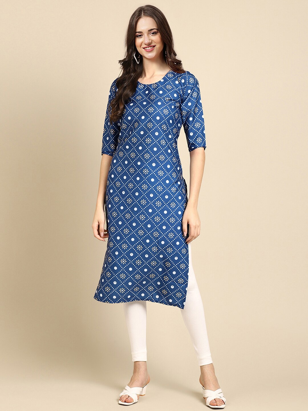 

7Threads Women Pack of 6 Geometric Printed Block Print Crepe Kurta, Blue