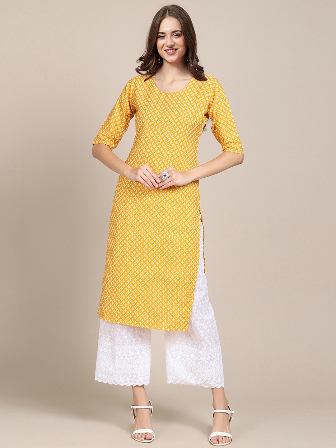7Threads Women Pack of 6 Geometric Printed Block Print Crepe Kurta, Yellow
