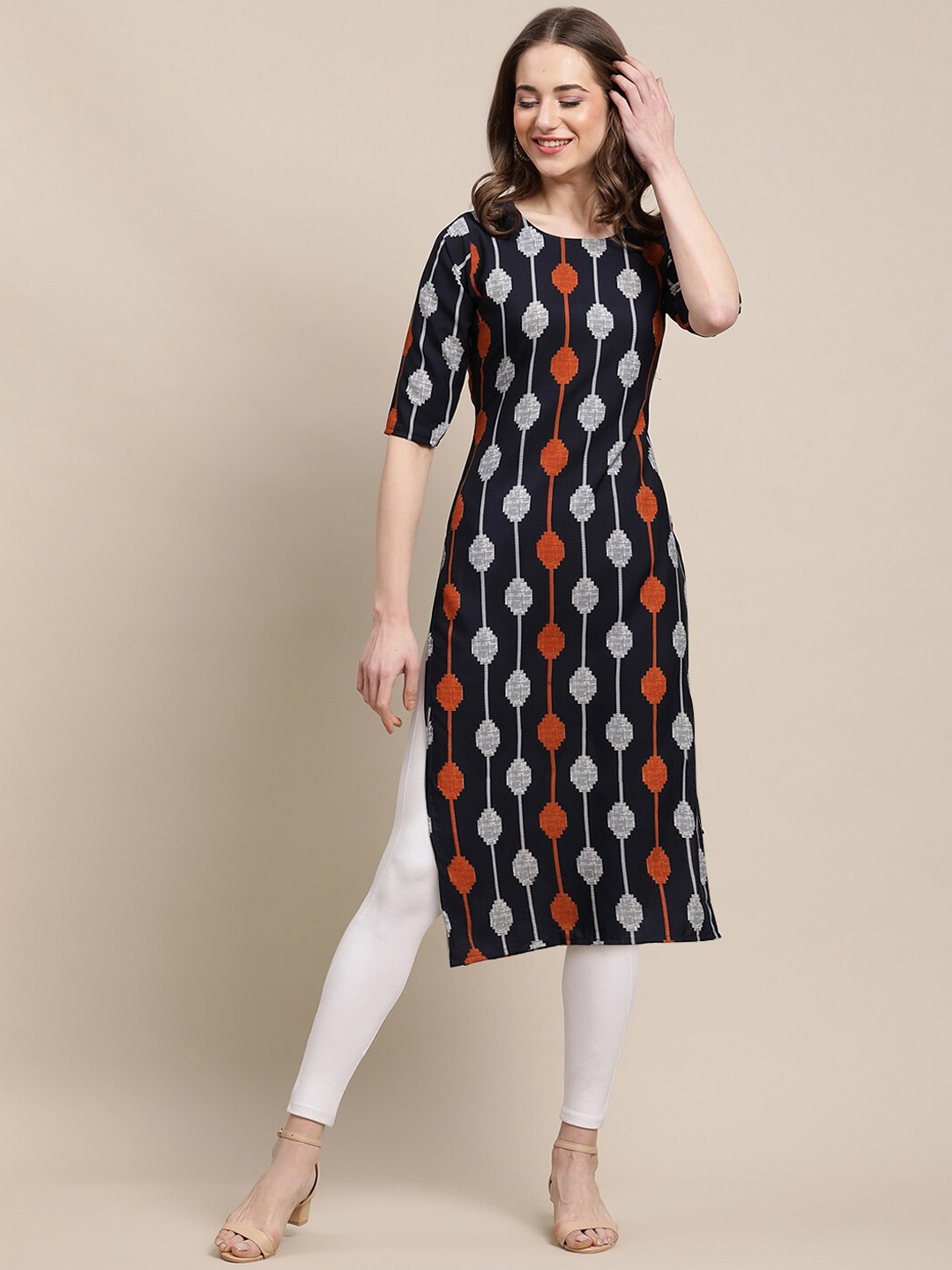 

7Threads Women Pack of 6 Geometric Printed Block Print Crepe Kurta, Black