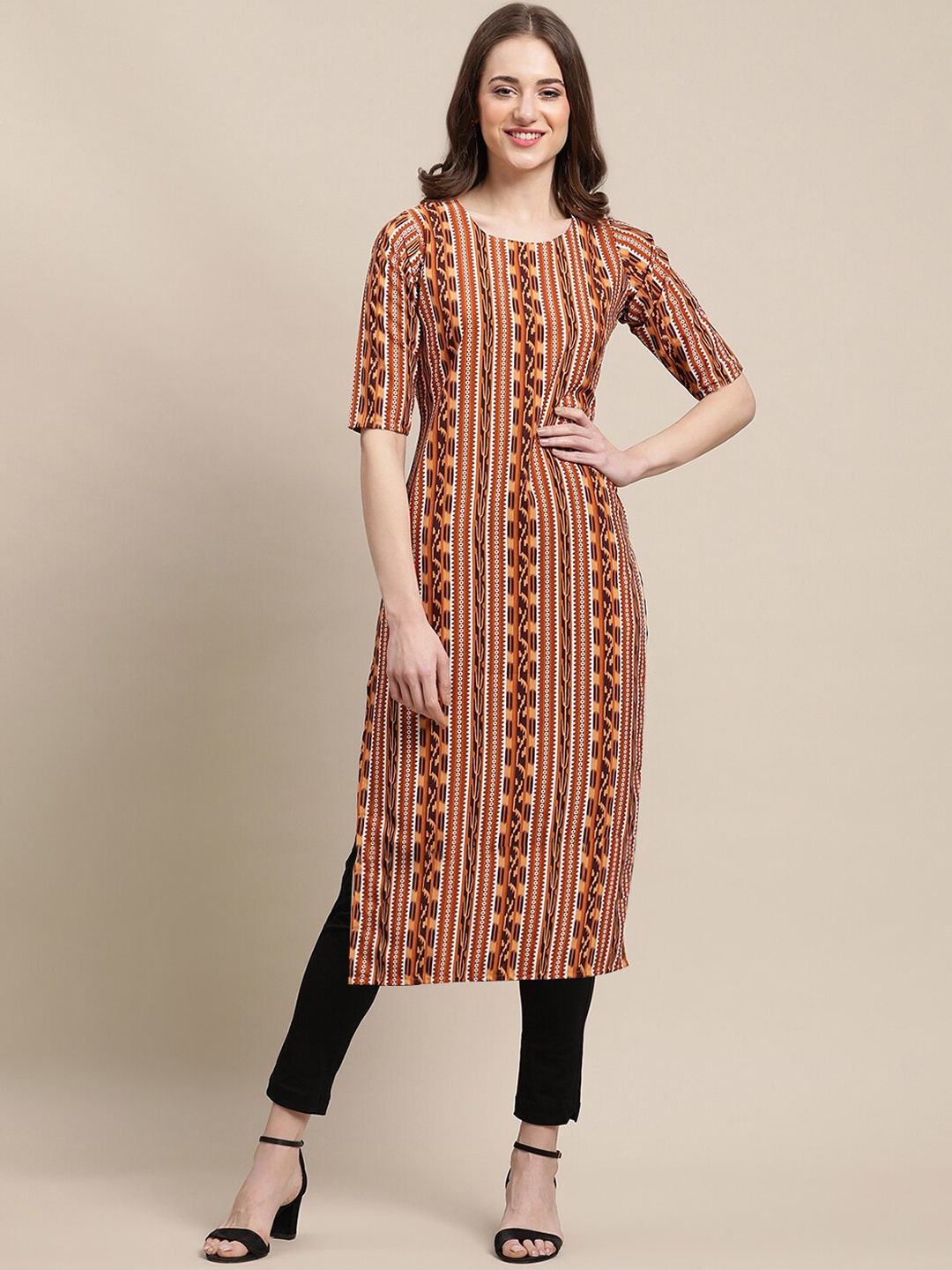 

7Threads Women Pack of 6 Geometric Printed Block Print Crepe Kurta, Mustard
