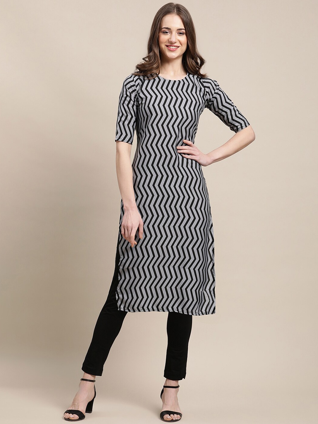 

7Threads Women Multicoloured Geometric Striped Flared Sleeves Thread Work Block Print Crepe Kurta, Multi