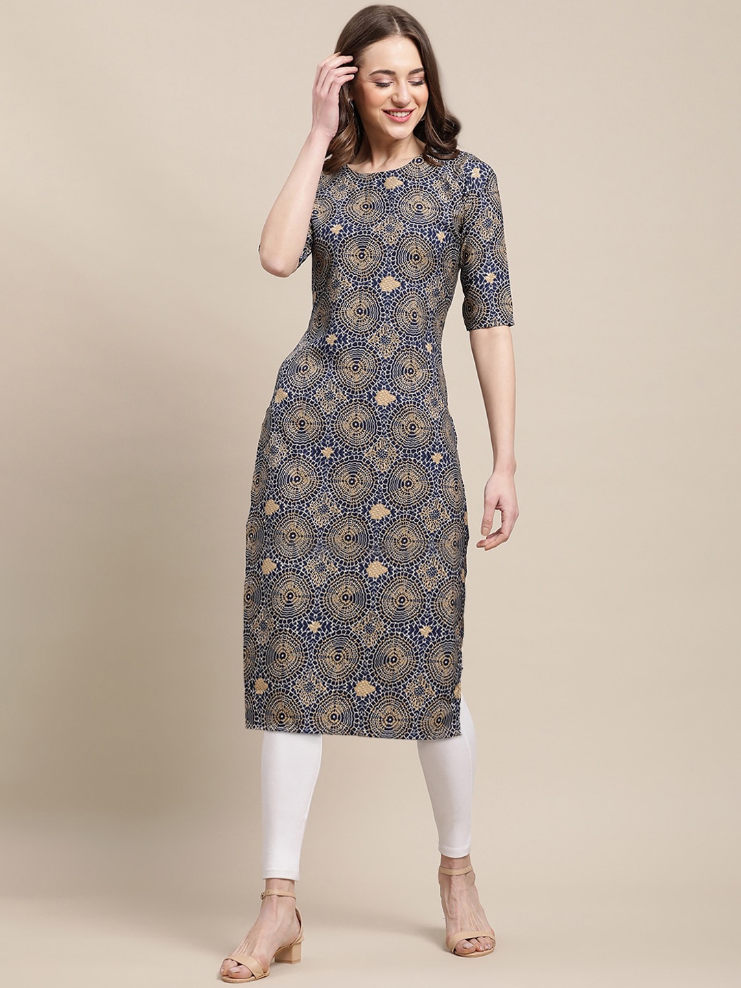 

7Threads PACK OF 6 Women Ethnic Motifs Printed Block Print Crepe Kurta, Blue