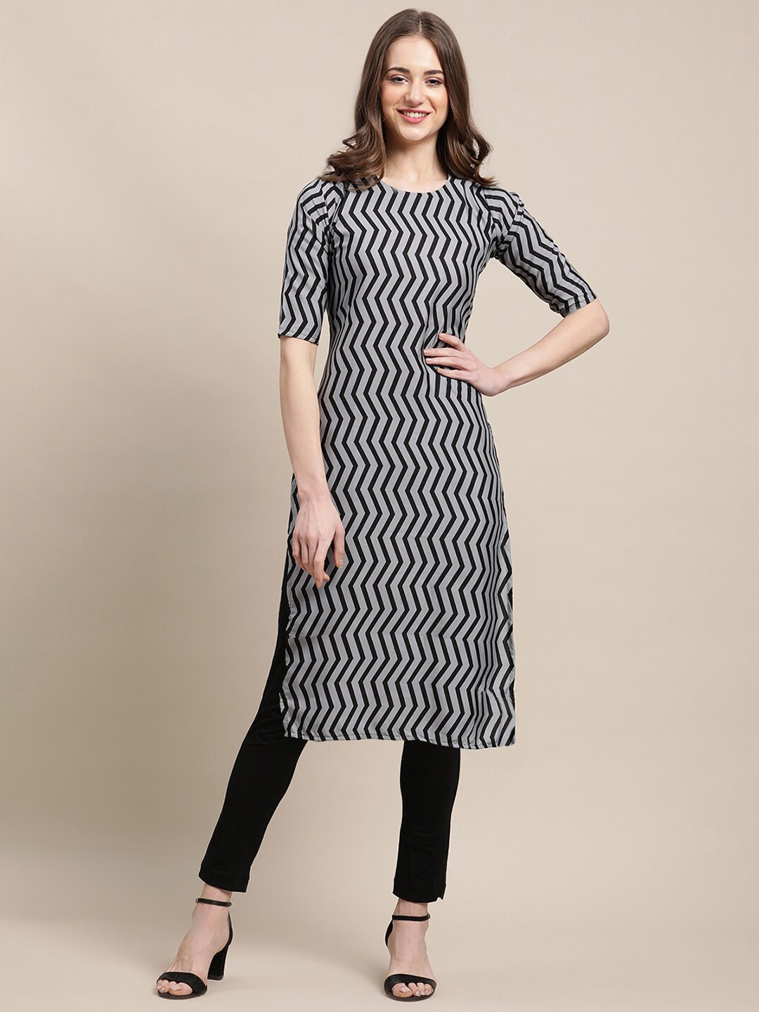

7Threads PACK OF 6 Women Ethnic Motifs Printed Crepe Kurta, Black