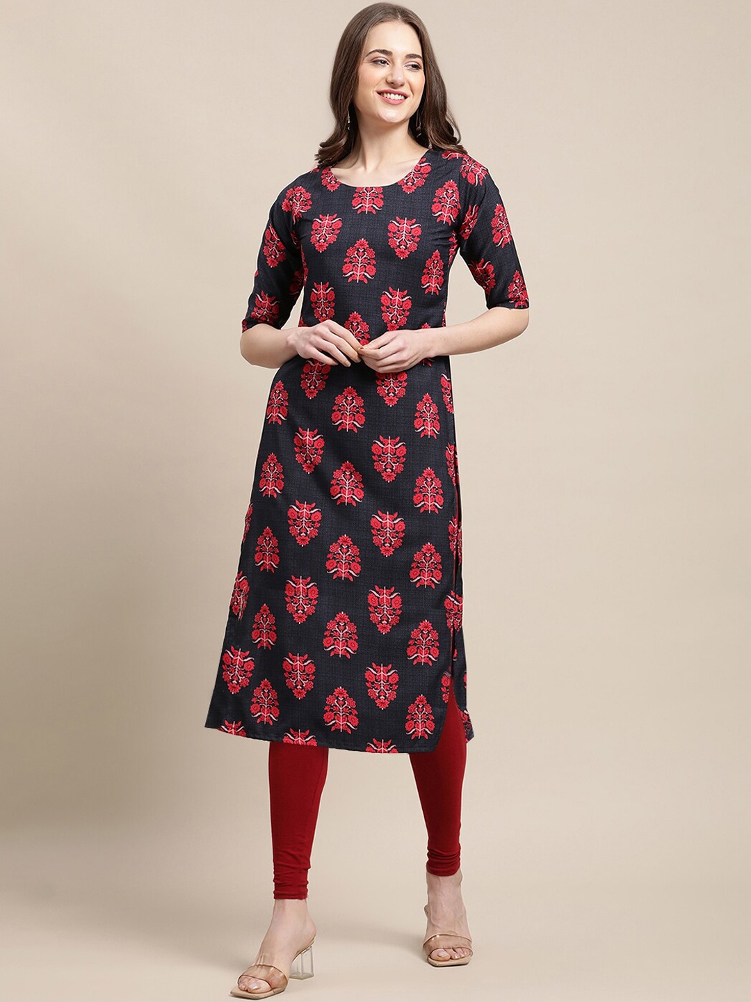 

7Threads Women Pack Of 6 Ethnic Motifs Printed Crepe Kurta, Black