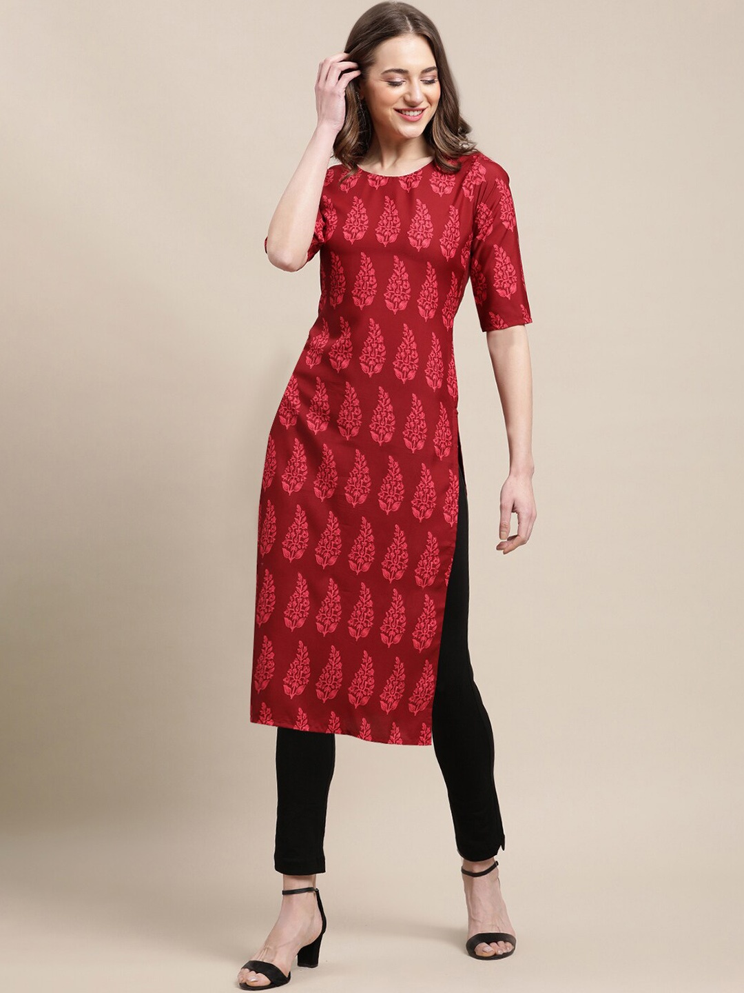 

7Threads Women Pack Of 6 Ethnic Motifs Printed Crepe Kurta, Red