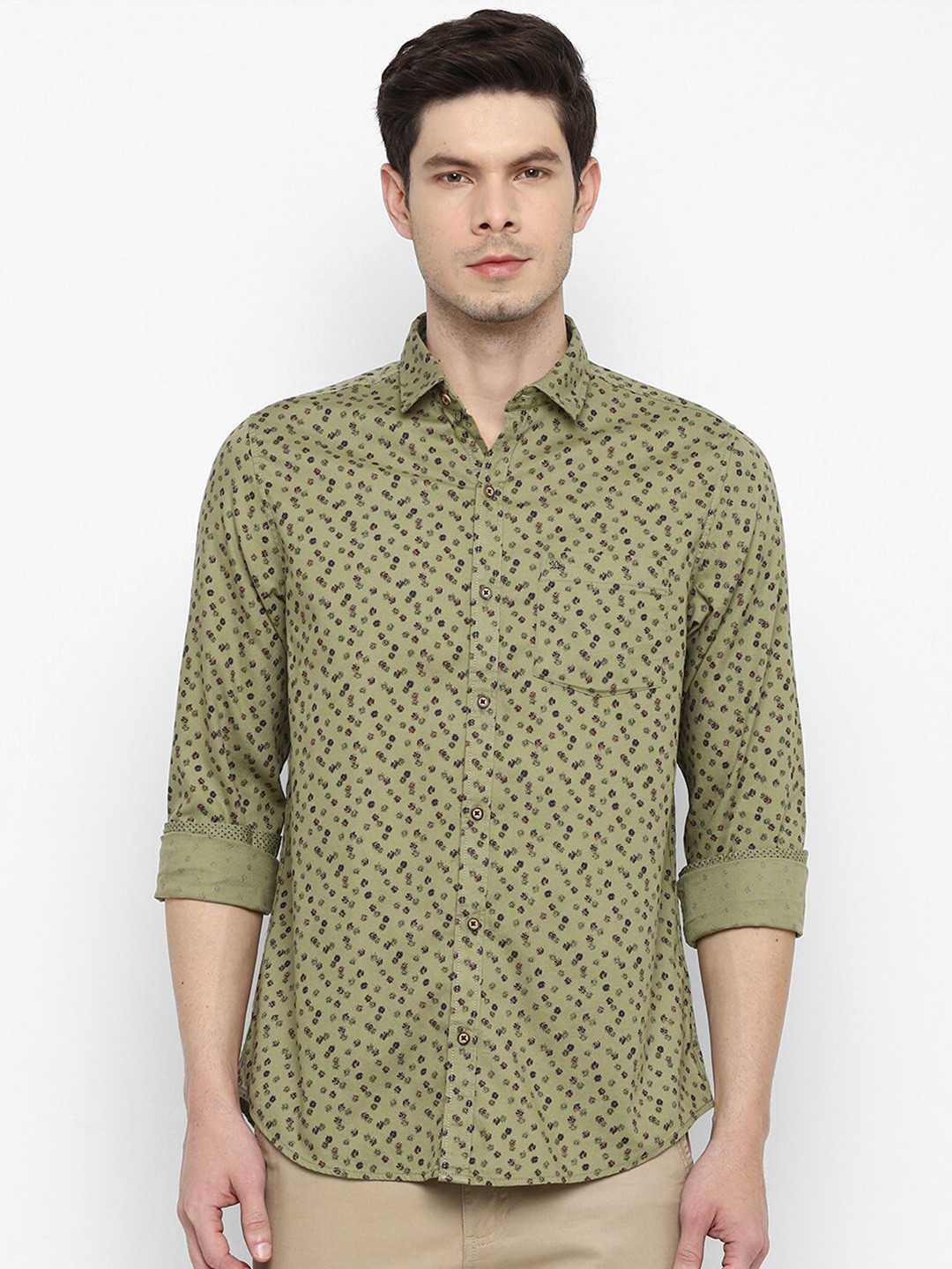 

Turtle Men Slim Fit Floral Printed Pure Cotton Casual Shirt, Olive