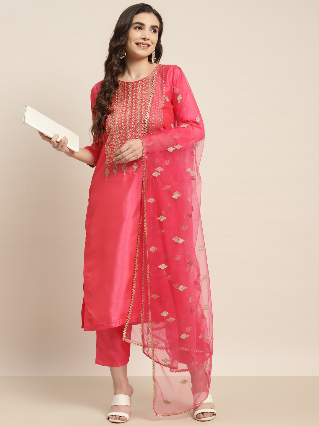 

Tikhi Imli Women Fuchsia Pink Yoke Design Kurta with Trousers & With Dupatta