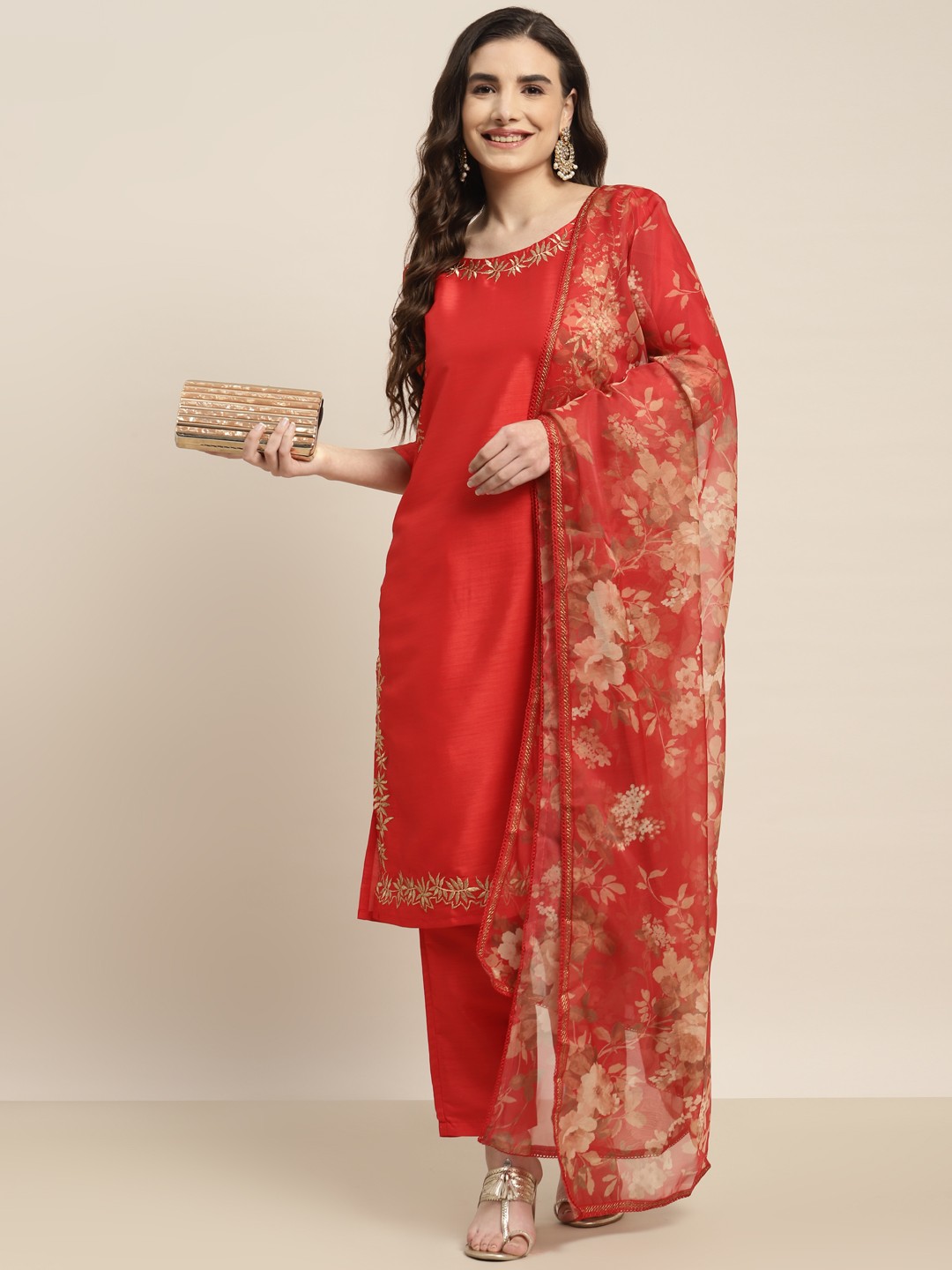 

Tikhi Imli Women Red & Golden Embroidered Kurta with Trousers & With Dupatta