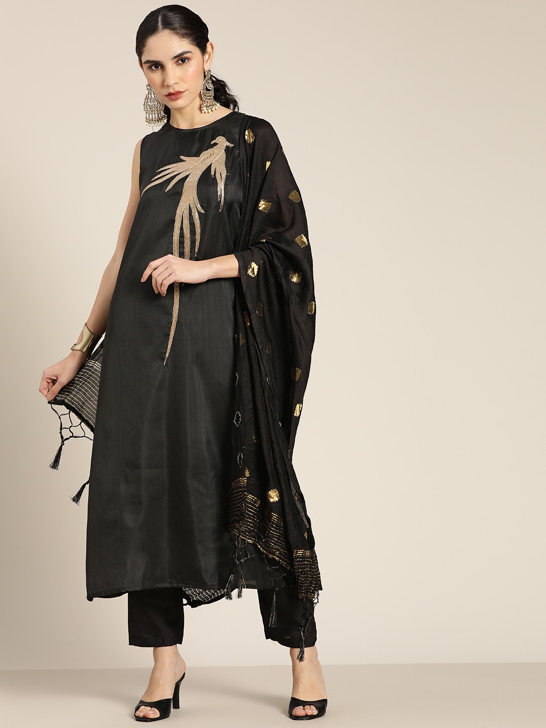

Tikhi Imli Women Black & Golden Thread Work Kurta with Trousers & With Dupatta