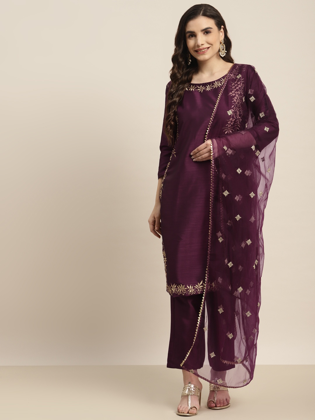 

Tikhi Imli Women Purple & Golden Thread Work Kurta with Trousers & With Dupatta