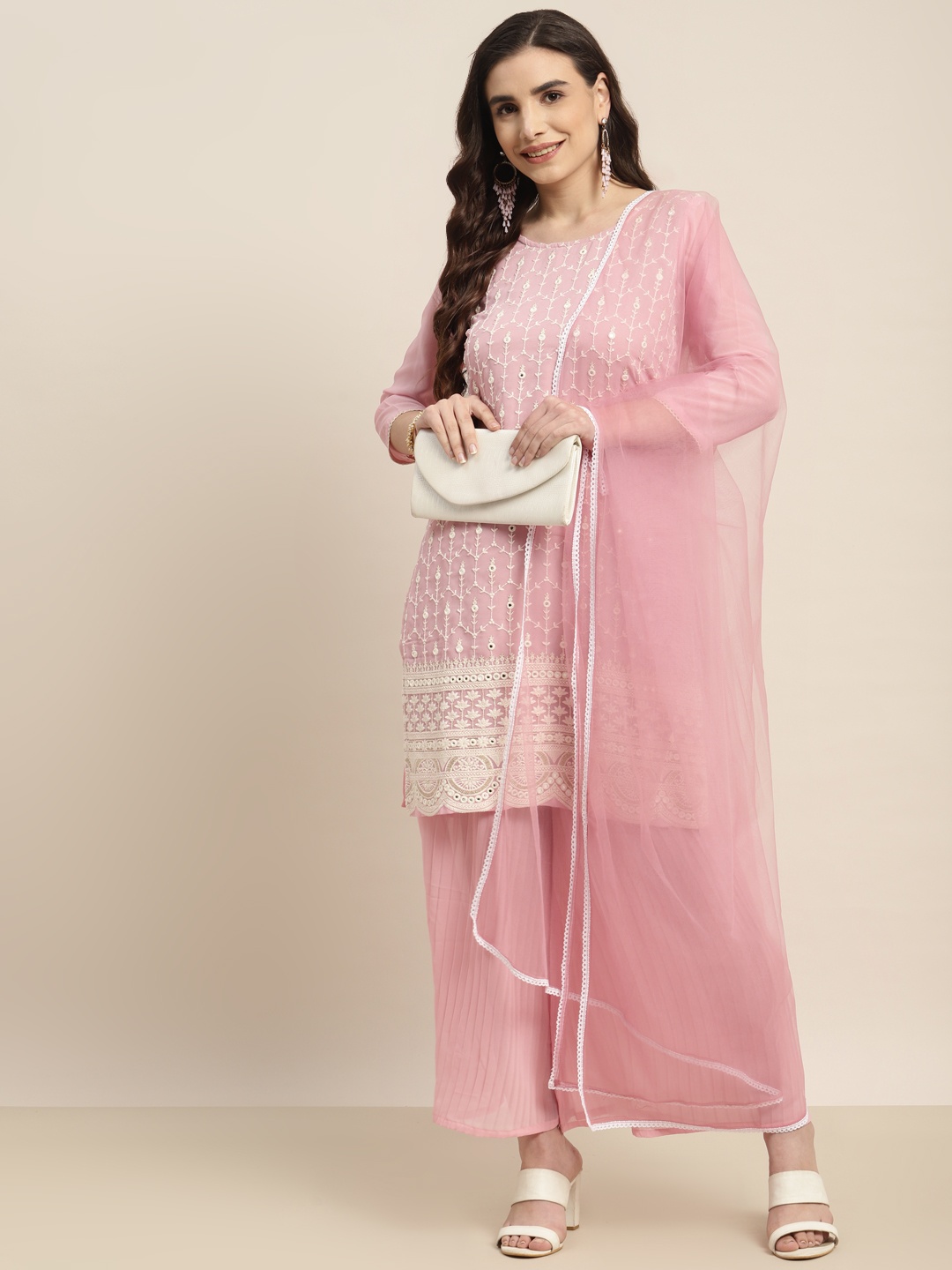 

Tikhi Imli Women Pink & White Embroidered Mirror Work Kurta with Palazzos & With Dupatta