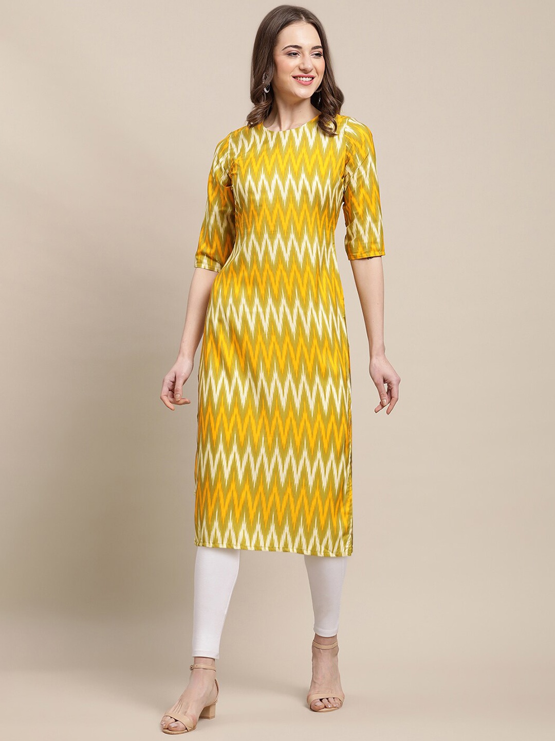 

7Threads Women Pack of 6 Yellow Ethnic Motifs Printed Block Print Crepe Kurtas