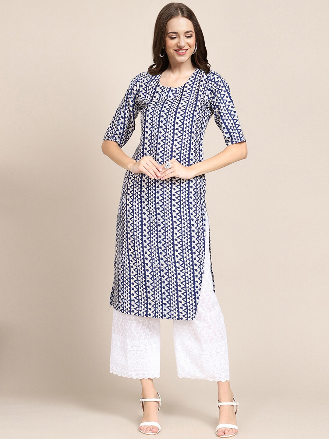 

7Threads Women Blue & Red Pack Of 6 Geometric Printed Crepe Kurta