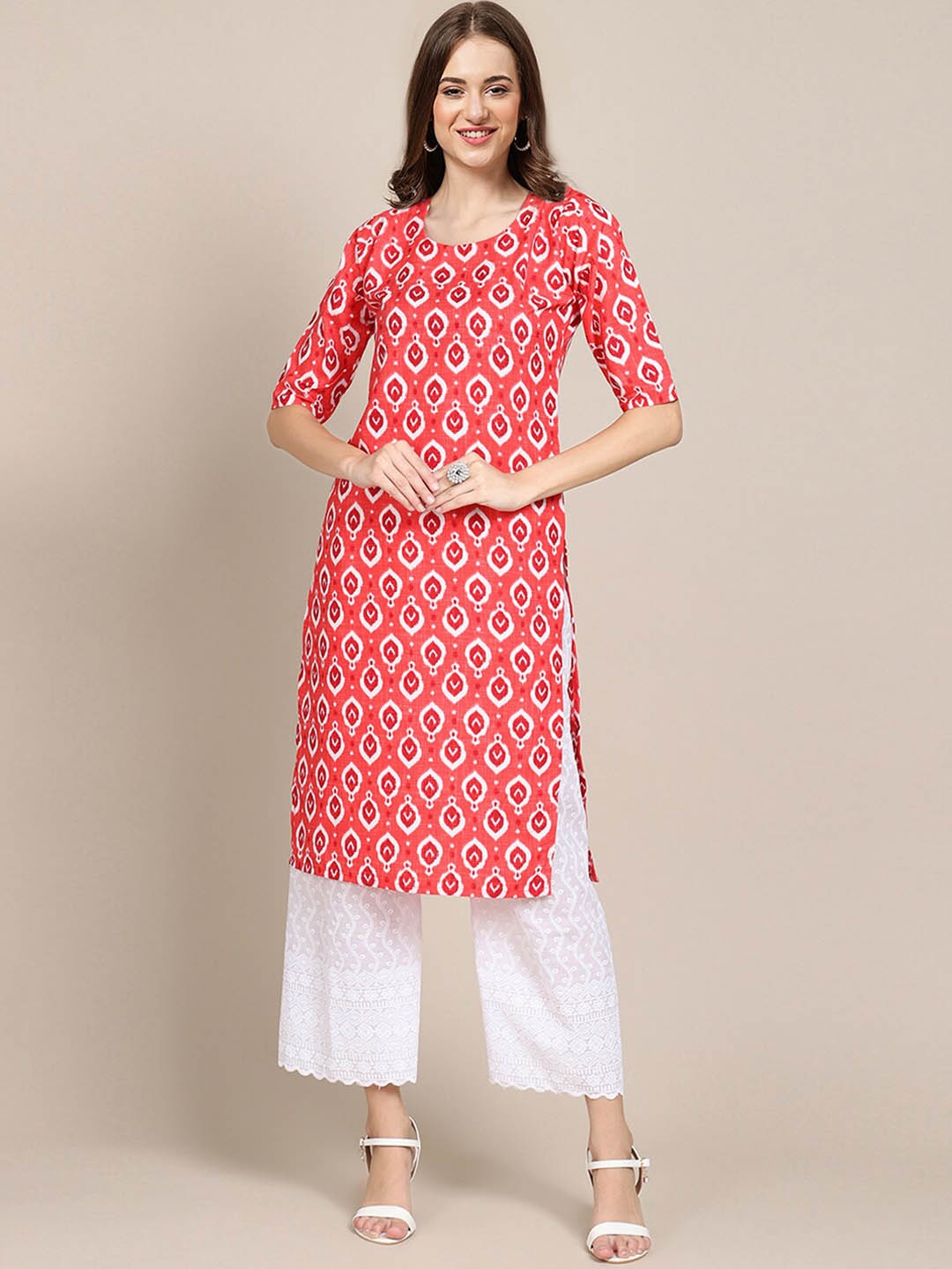 

7Threads PACK OF 6 Women Ethnic Motifs Printed Block Print Crepe Kurta, Coral