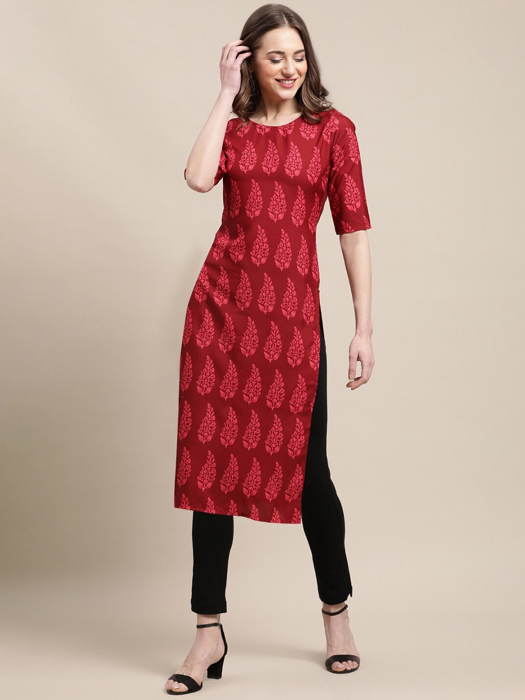 

7Threads PACK OF 6 Women Ethnic Motifs Printed Block Print Crepe Kurta, Red