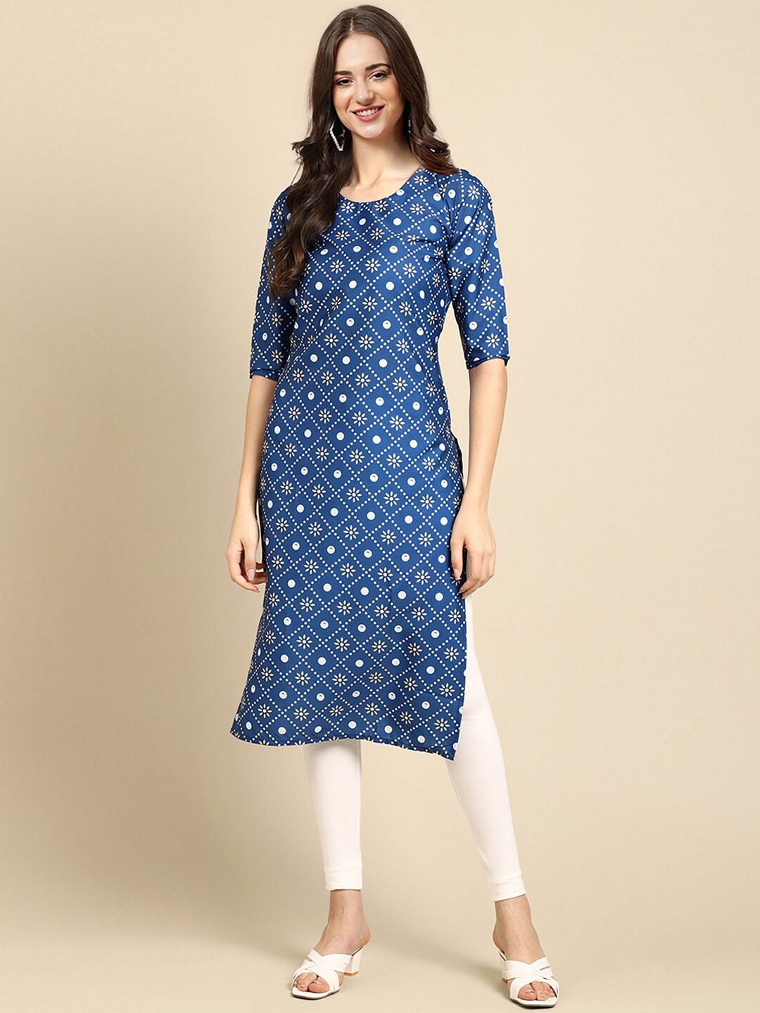 

7Threads PACK OF 6 Women Ethnic Motifs Printed Block Print Crepe Kurta, Blue