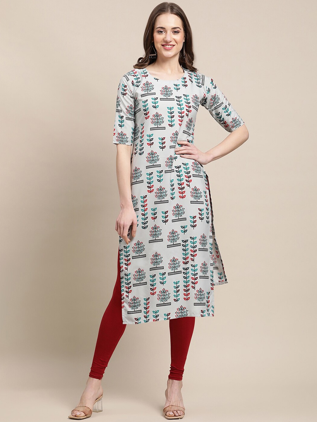 

7Threads Women Multicoloured Geometric Printed Chikankari Block Print Crepe Kurta, Multi