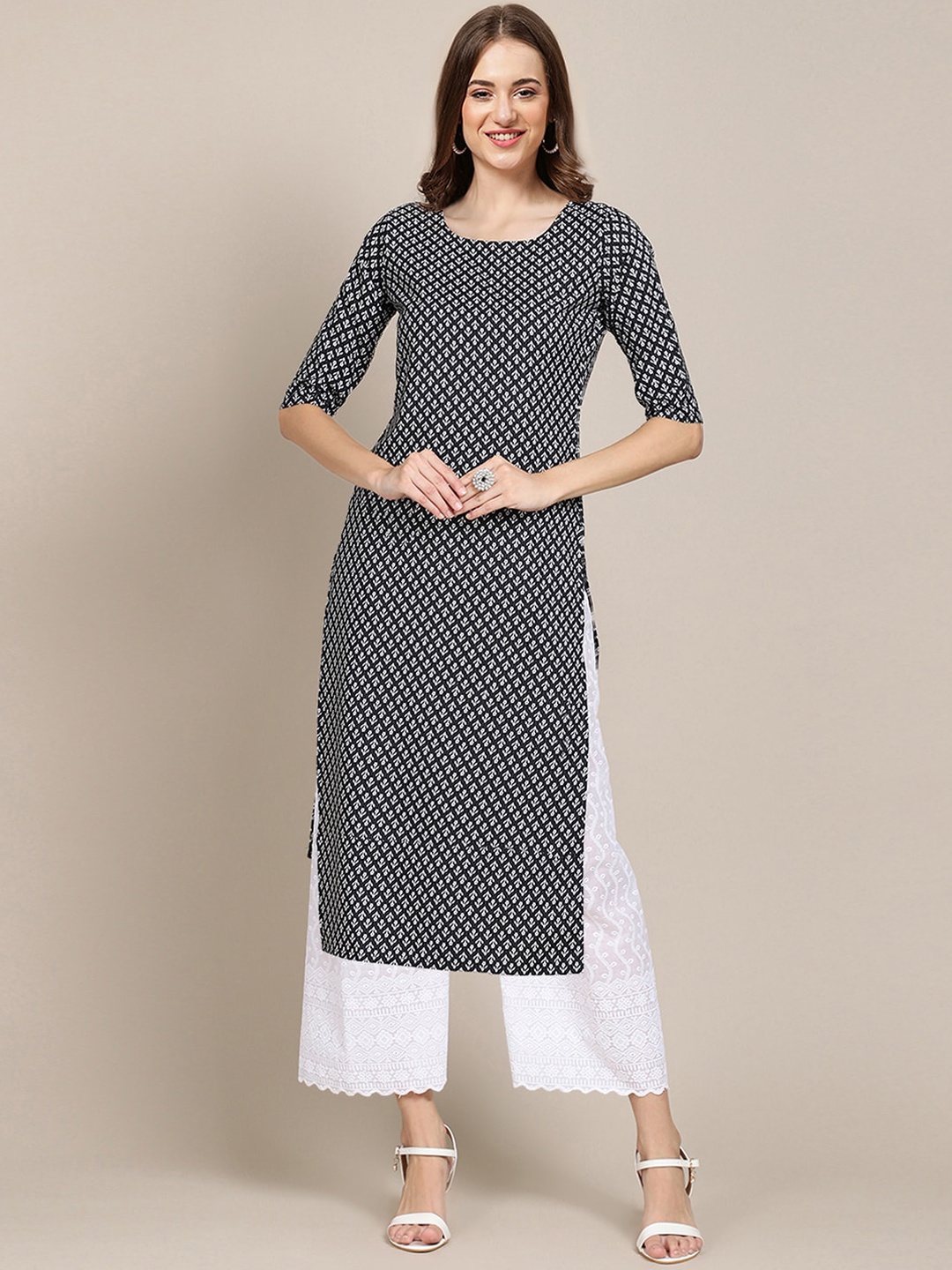 

7Threads Women Multicoloured Paisley Yoke Design Thread Work Block Print Crepe Kurta, Multi