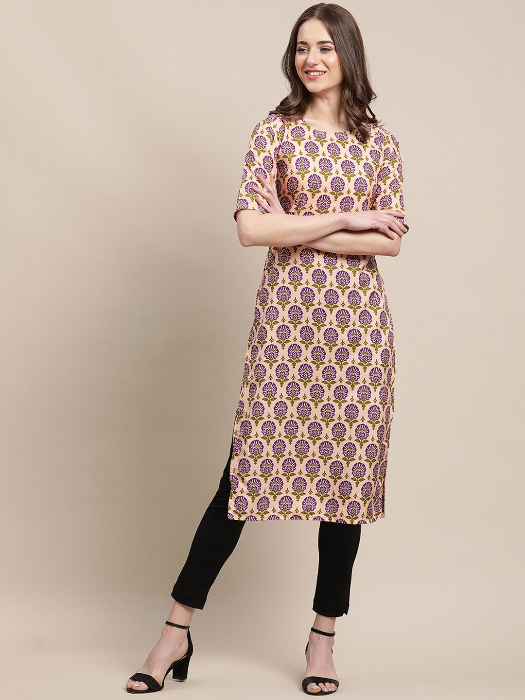 

7Threads Women Multicoloured Geometric Printed Thread Work Block Print Crepe Kurta, Multi