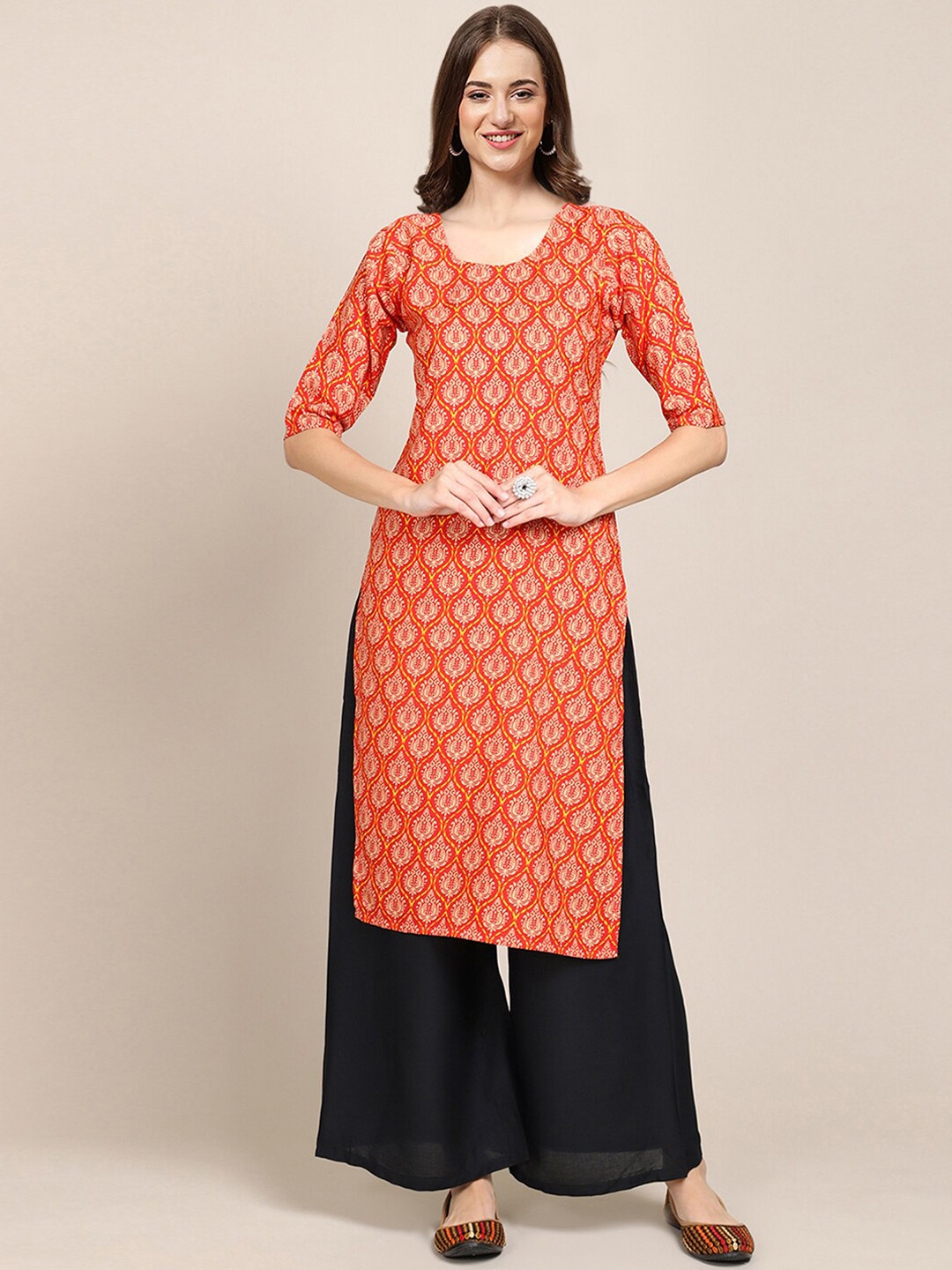 

7Threads PACK OF 6 Women Ethnic Motifs Printed Block Print Crepe Kurta, Orange