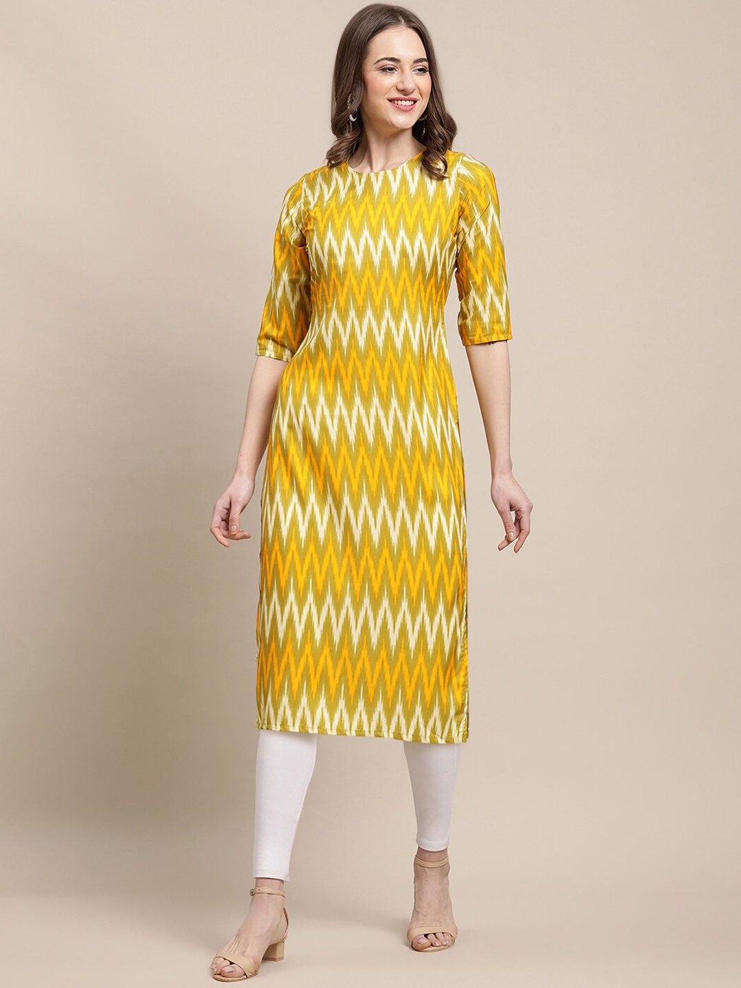 

7Threads Women Pack Of 6 Block Print Straight Crepe Kurta, Yellow