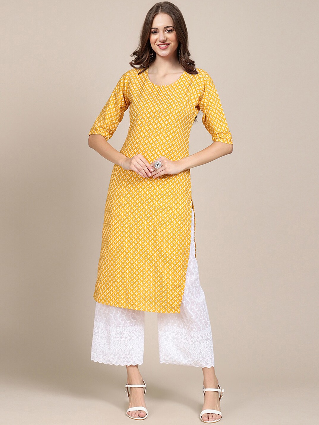 

7Threads Women Pack Of 6 Block Print Straight Crepe Kurta, Yellow