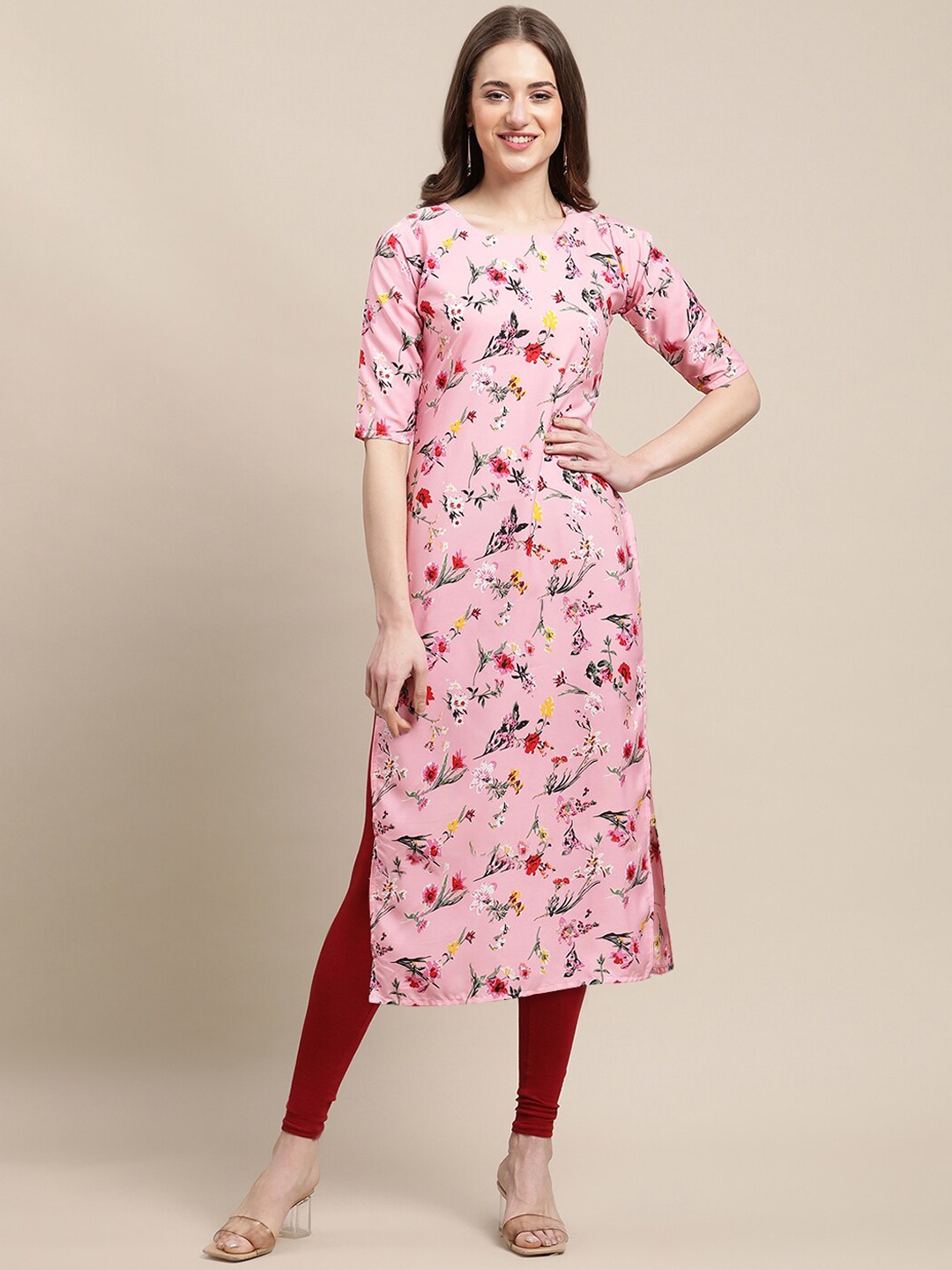 

7Threads Women Pack Of 6 Block Print Straight Crepe Kurta, Pink