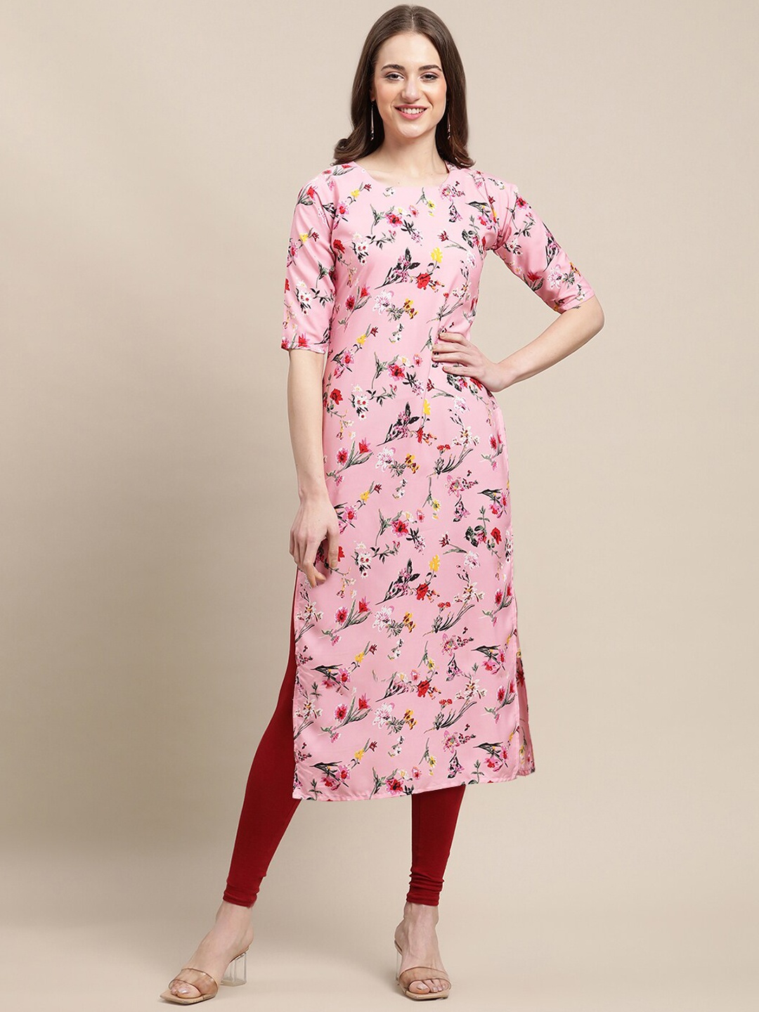

7Threads PACK OF 6 Women Ethnic Motifs Printed Block Print Crepe Kurta, Pink