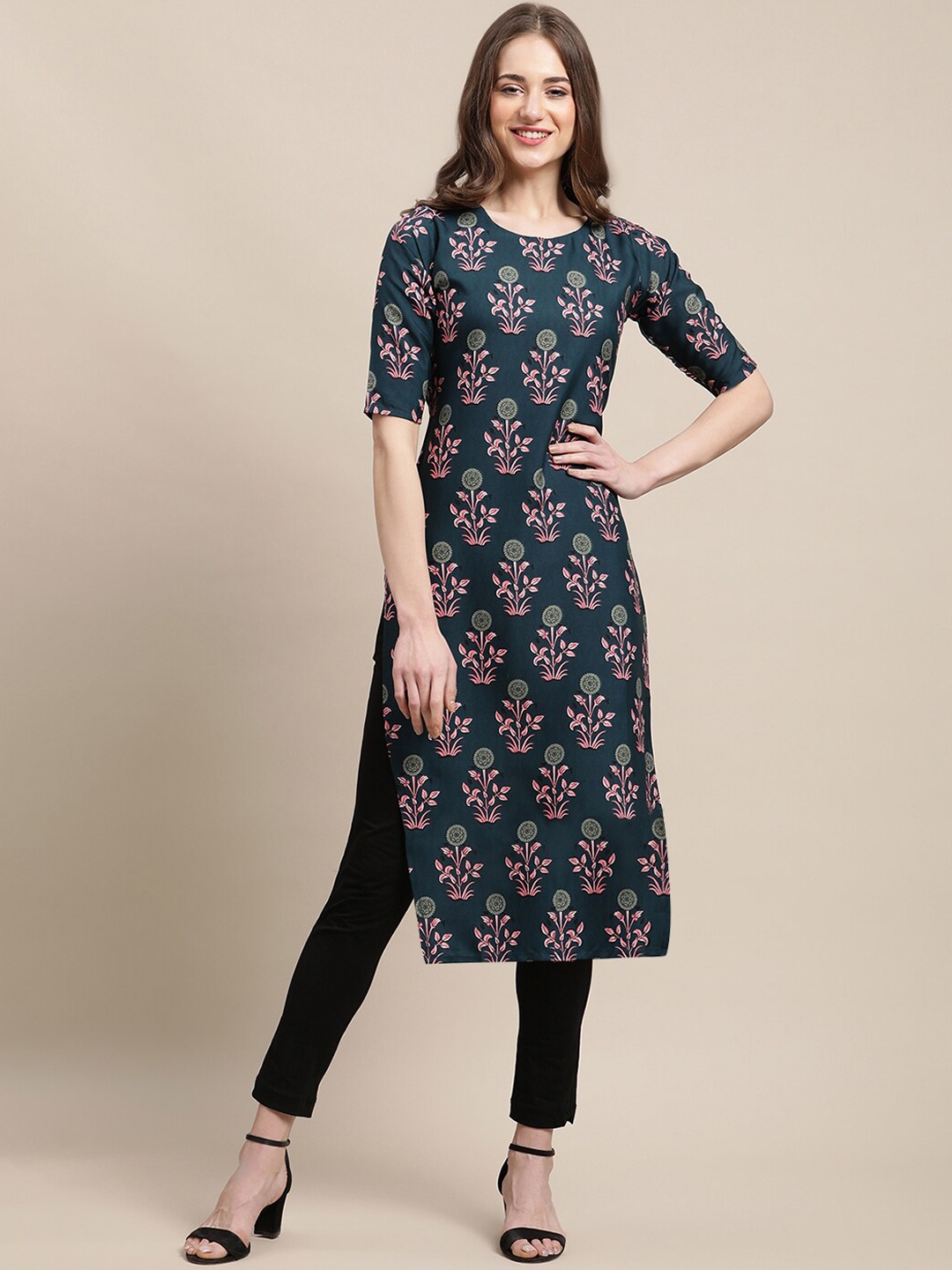 

7Threads PACK OF 6 Women Ethnic Motifs Printed Block Print Crepe Kurta, Green