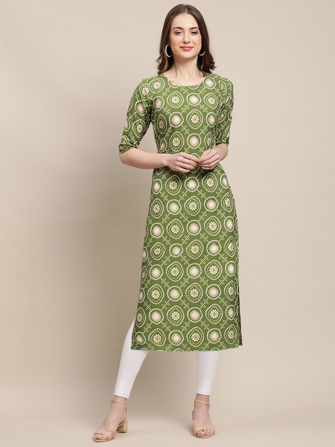 

7Threads PACK OF 6 Women Ethnic Motifs Printed Block Print Crepe Kurta, Green