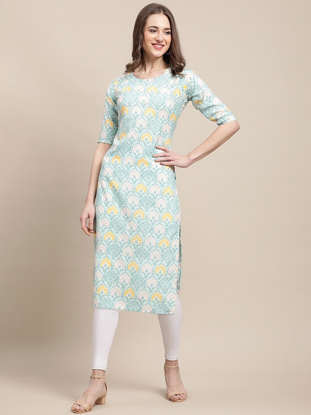 

7Threads PACK OF 6 Women Floral Printed Block Print Crepe Kurta, Blue