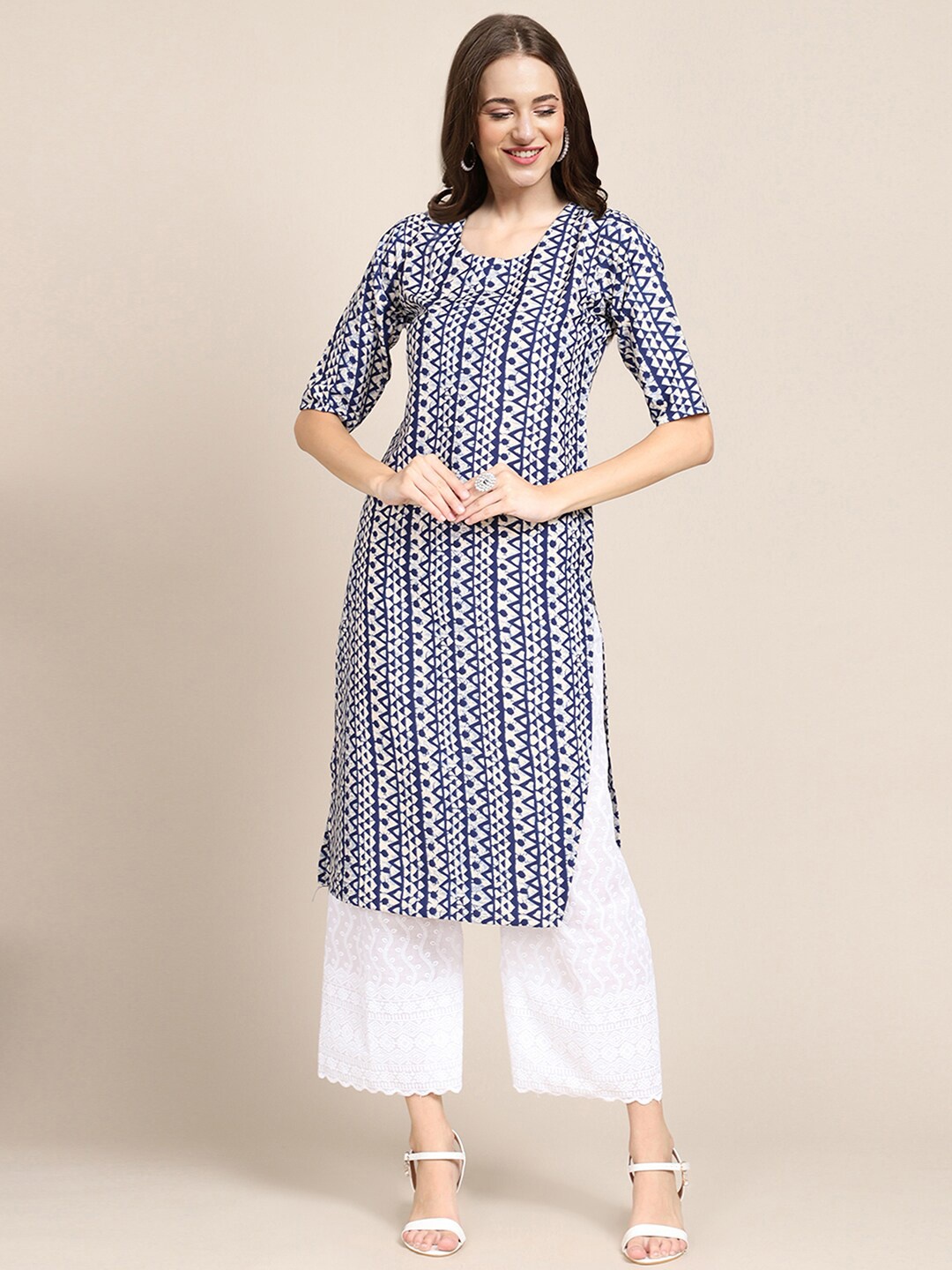 7Threads PACK OF 6 Women Ethnic Motifs Printed Block Print Crepe Kurta, Blue