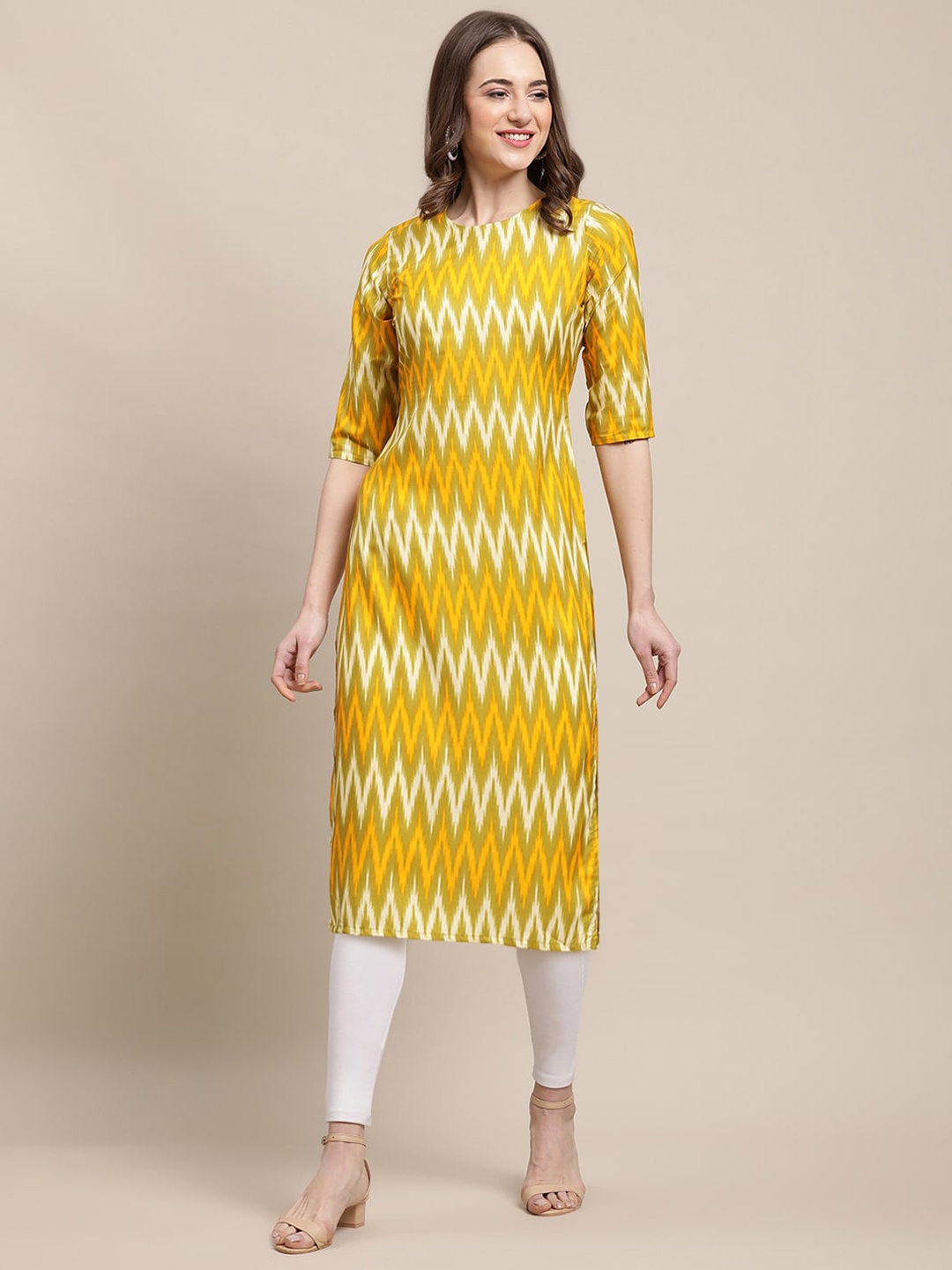 

7Threads PACK OF 6 Women Ethnic Motifs Printed Block Print Crepe Kurta, Yellow