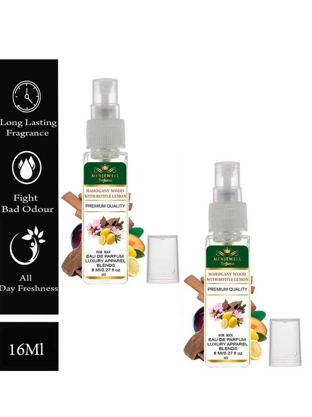 

Menjewell Set of 2 Mahogany Wood with Bottle Lemon Eau De Parfum - 8 ml each, White
