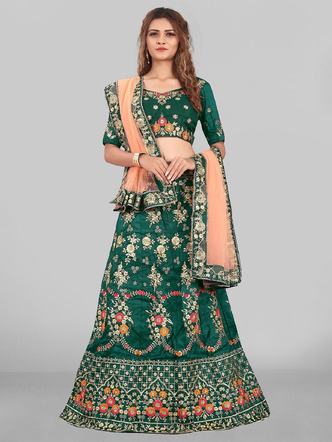 

JSItaliya Green Embroidered Semi-Stitched Lehenga & Unstitched Blouse With Dupatta