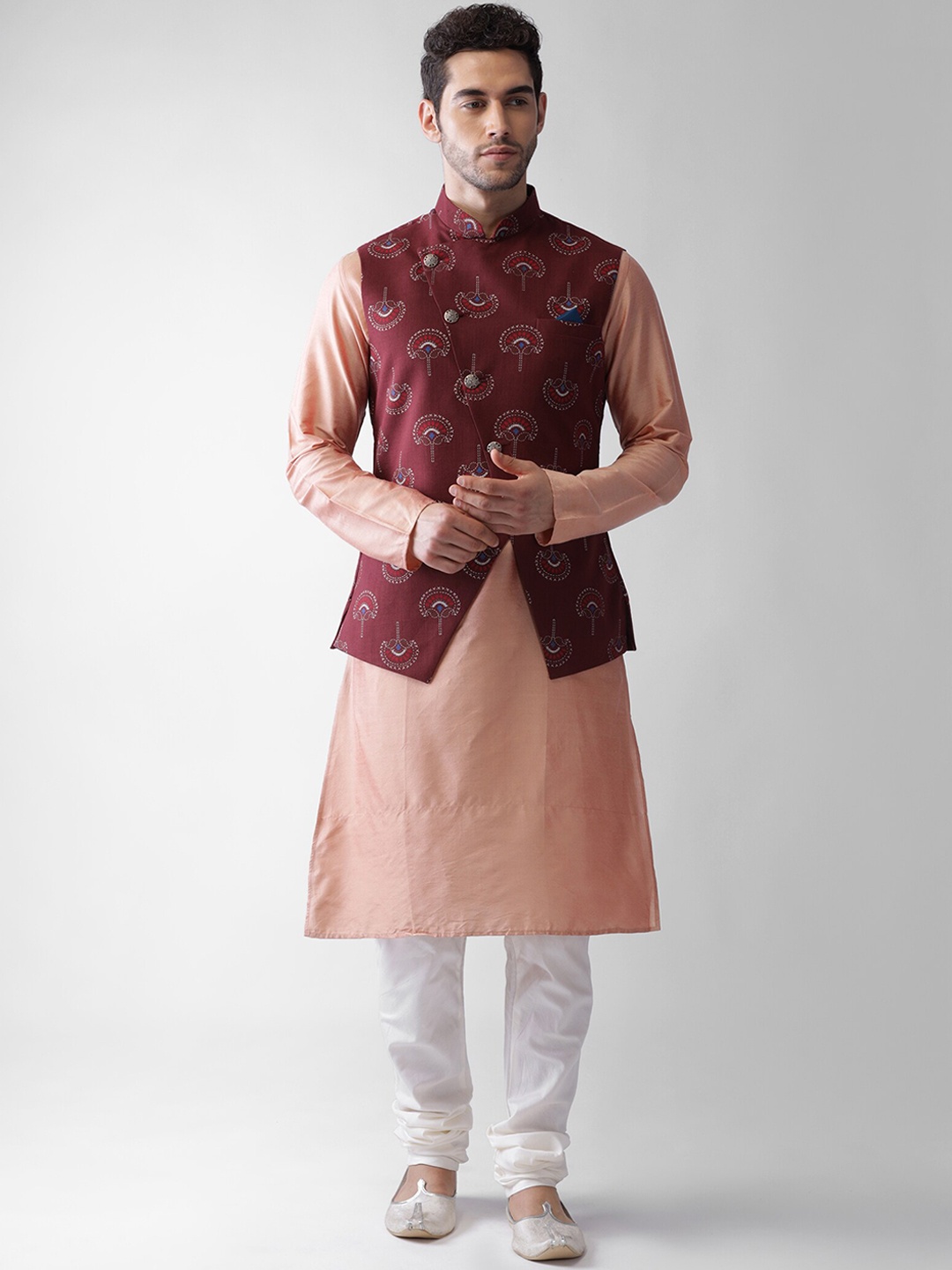 

KISAH Men Peach-Coloured Kurta with Pyjama With Printed Nehru Jacket