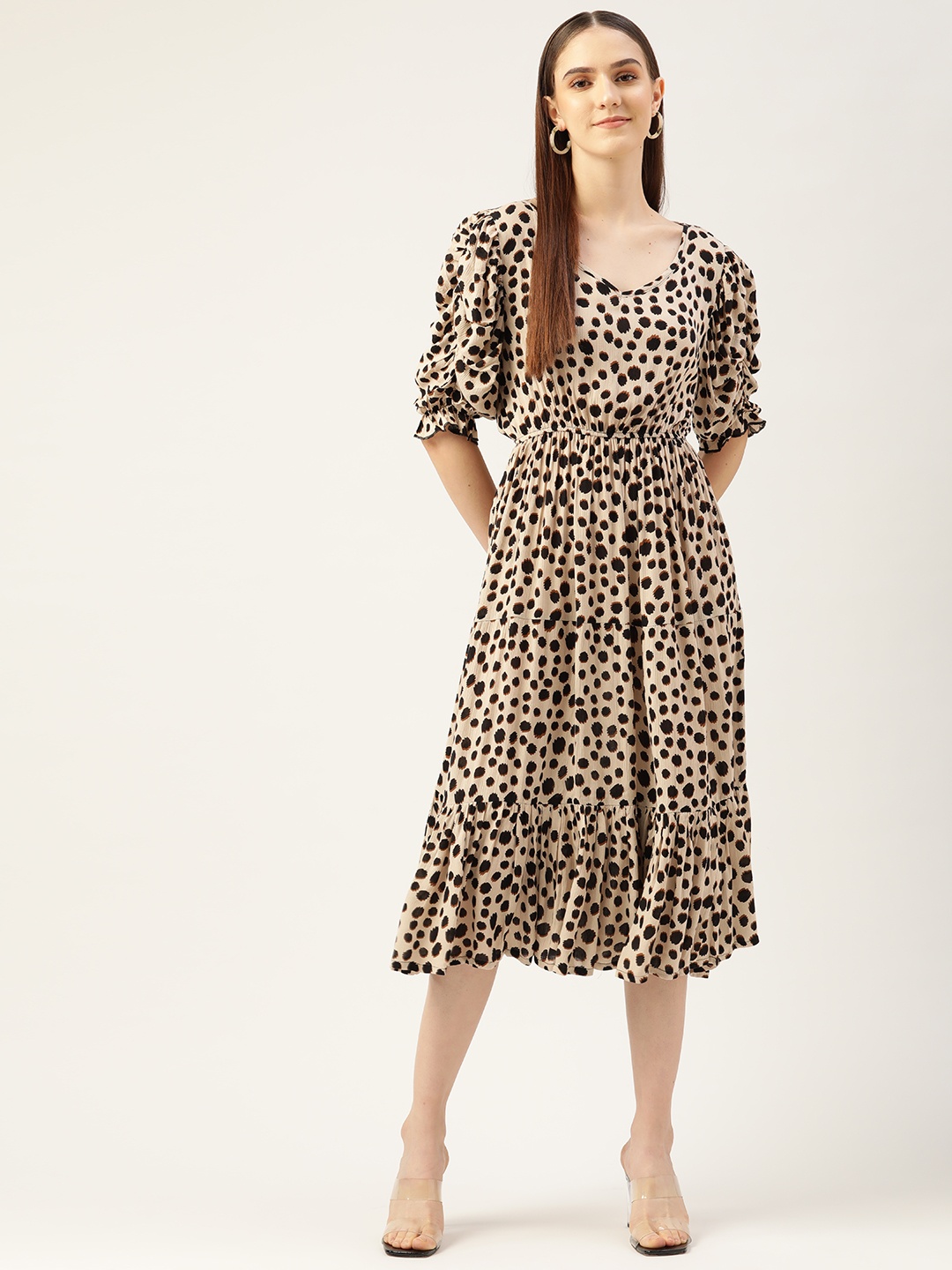 

WISSTLER Animal Print Puff Sleeves Midi Dress, Beige