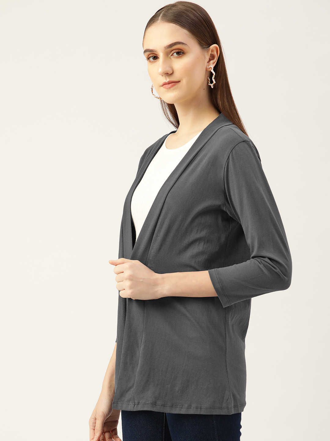 

WISSTLER Women Charcoal Grey Solid Cotton Shrug