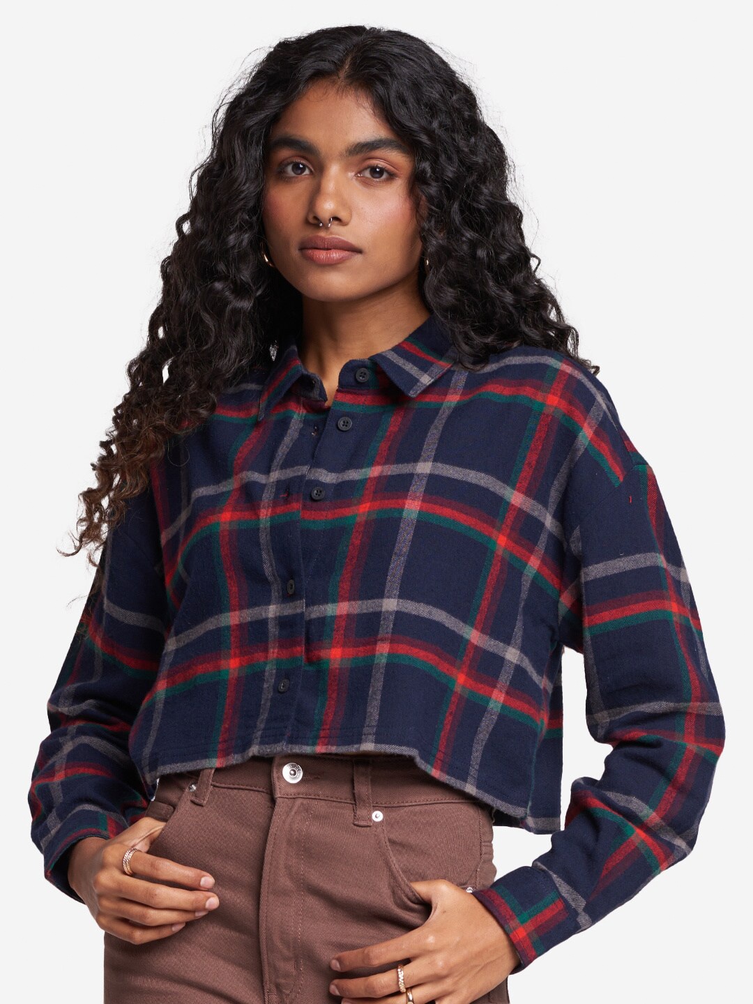 

The Souled Store Women Boxy Buffalo Checked Pure Cotton Casual Shirt, Navy blue